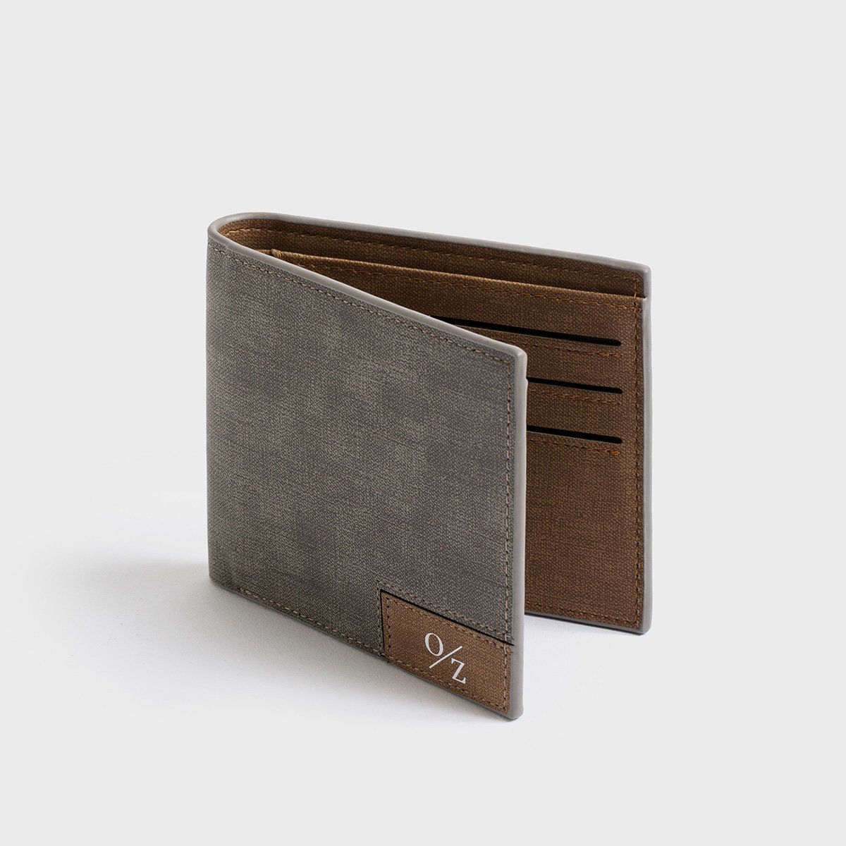 Men's Casual Bi-Fold Wallet in Blue and Grey, showcasing its smooth exterior and multiple pockets.