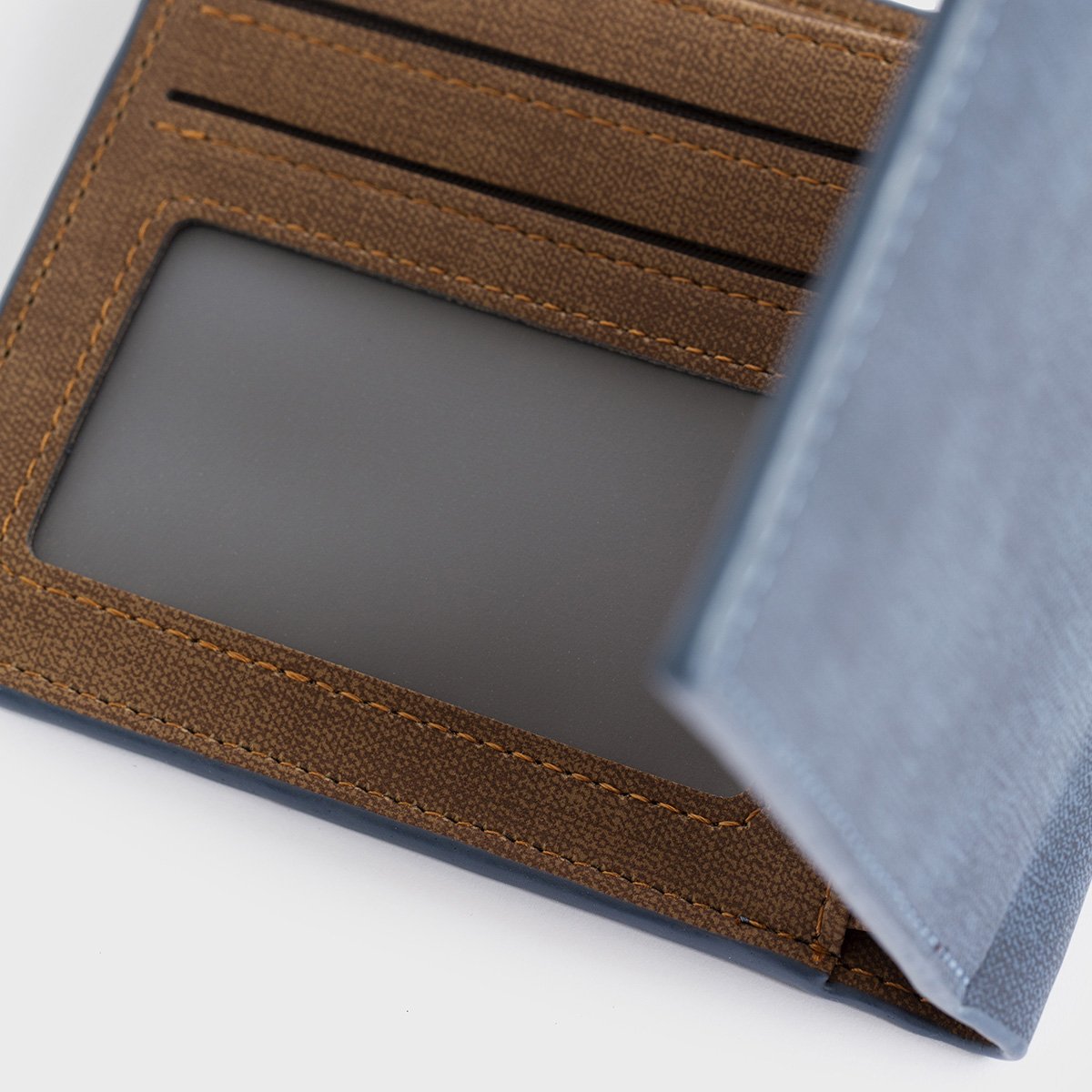 Men's Casual Bi-Fold Wallet in Blue and Grey, showcasing its smooth exterior and multiple pockets.