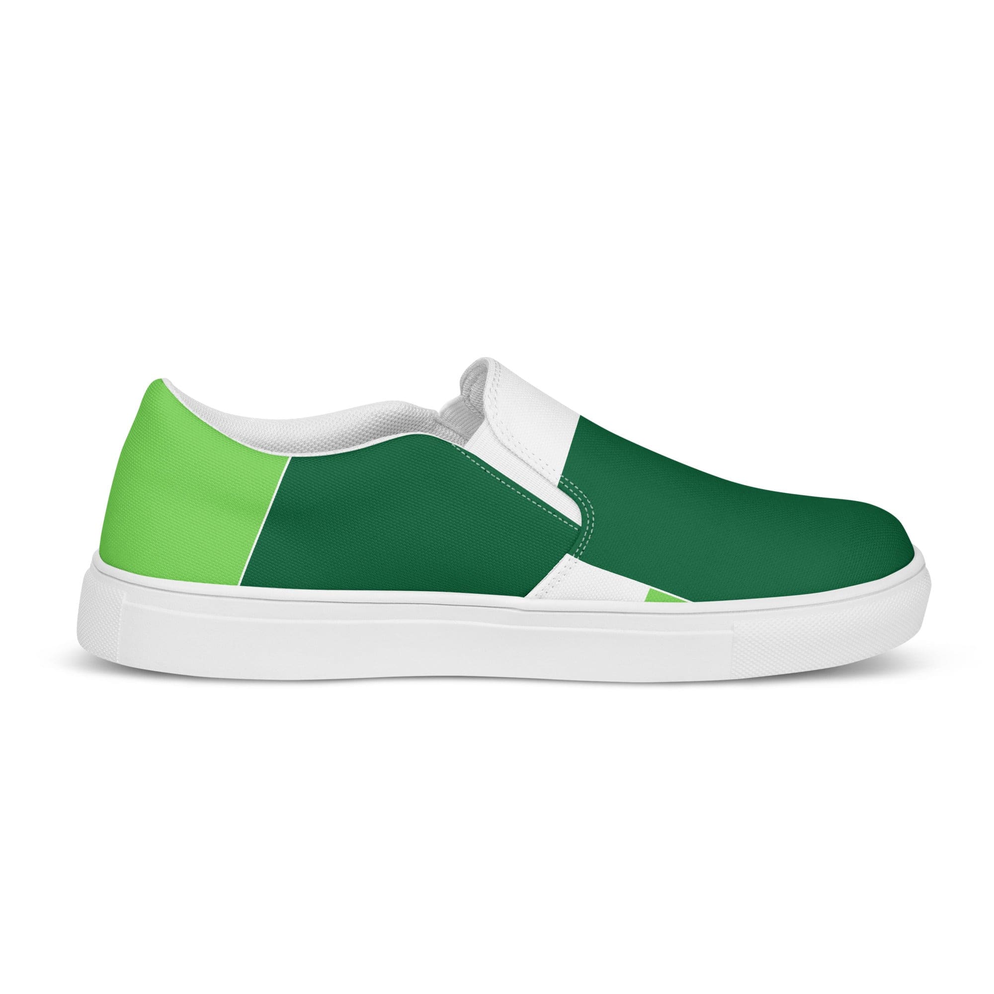 Mens Casual Slip-on Shoes in Lime Forest Irish Green with colorblock design, featuring a breathable canvas upper and durable rubber sole.