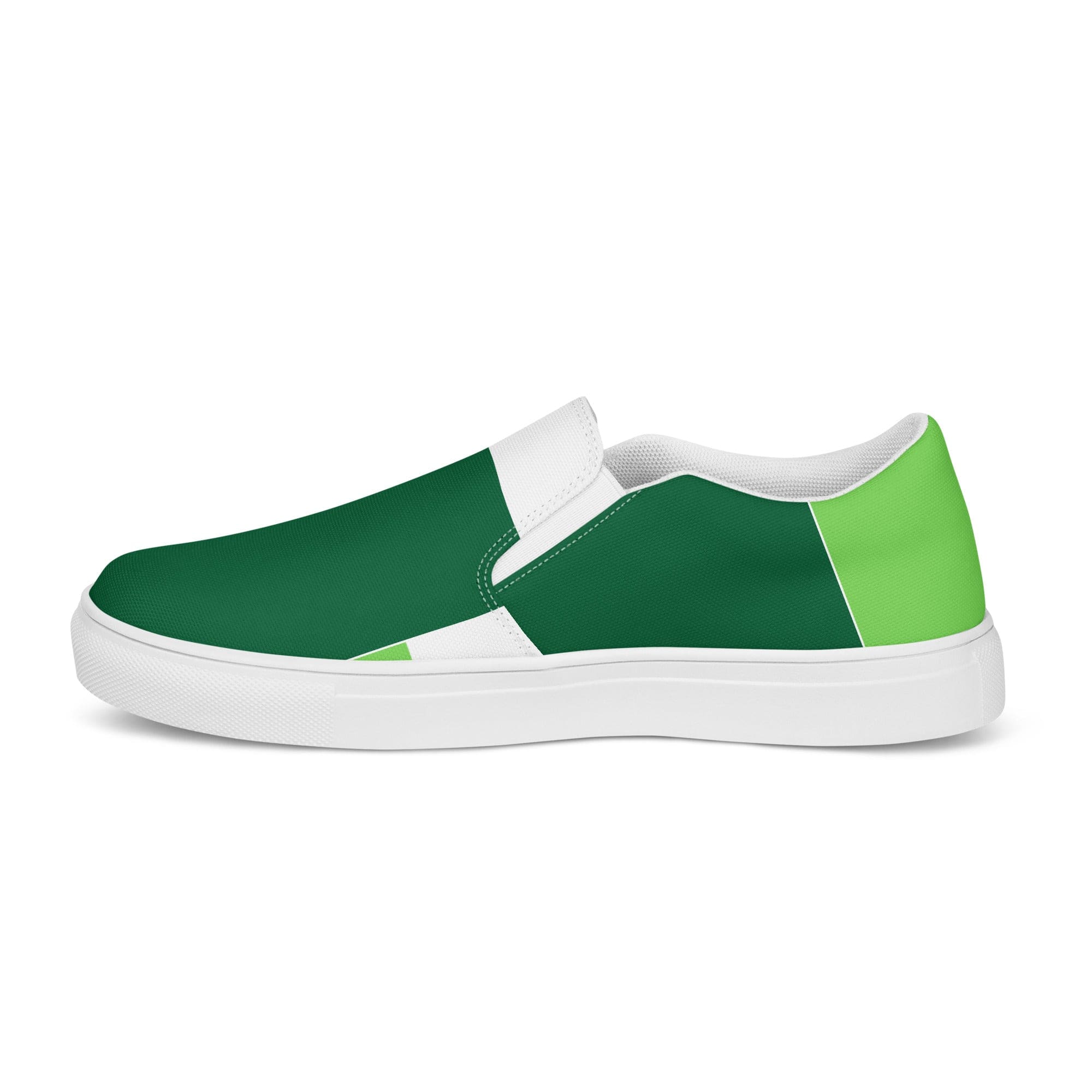 Mens Casual Slip-on Shoes in Lime Forest Irish Green with colorblock design, featuring a breathable canvas upper and durable rubber sole.