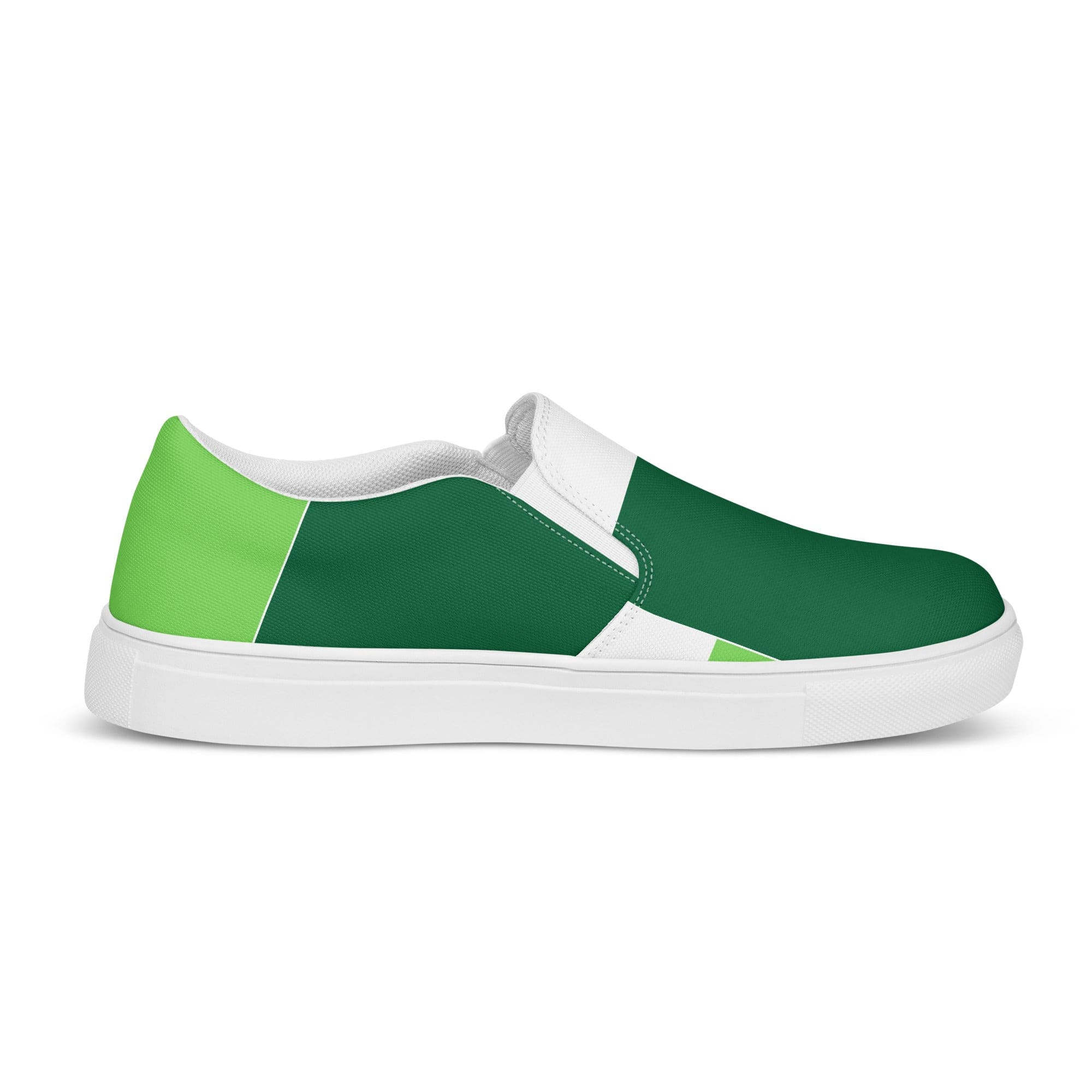 Mens Casual Slip-on Shoes in Lime Forest Irish Green with colorblock design, featuring a breathable canvas upper and durable rubber sole.