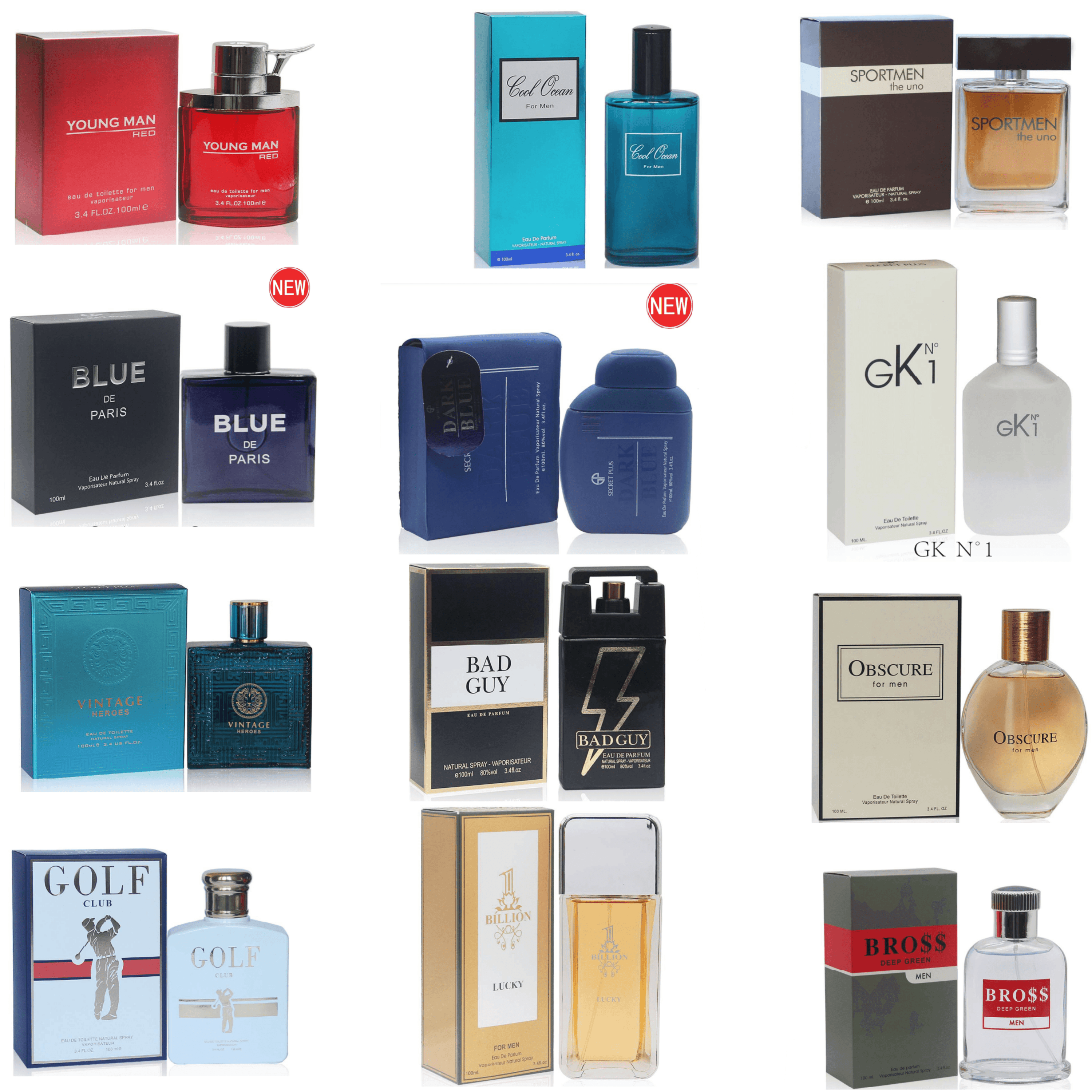 Men's Cologne Collection featuring over 70 unique scents in elegant 3.4 oz bottles, perfect for any occasion.