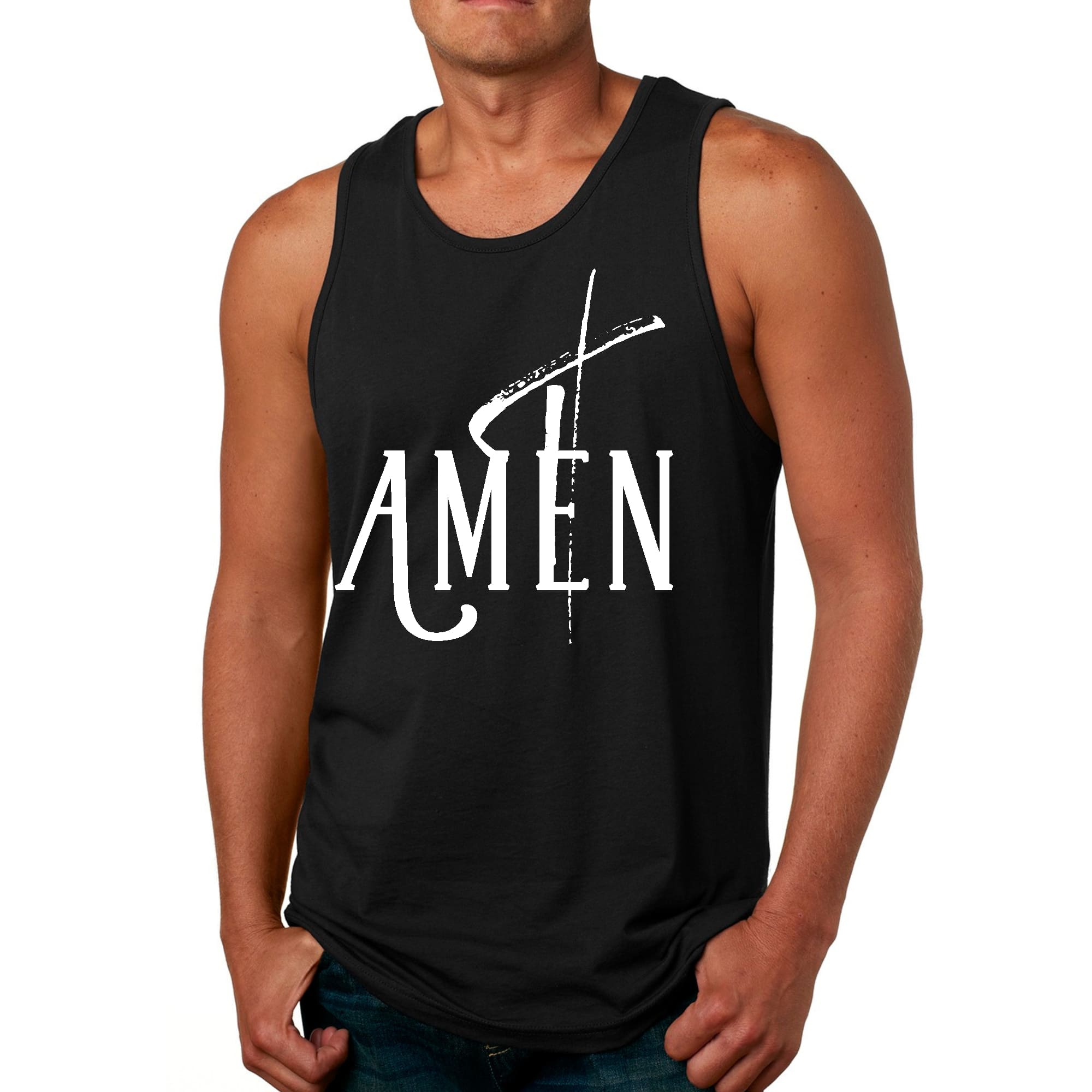 Men's Fitness Tank Top Graphic T-shirt featuring AMEN White Print, made from soft preshrunk cotton, ideal for workouts and casual wear.