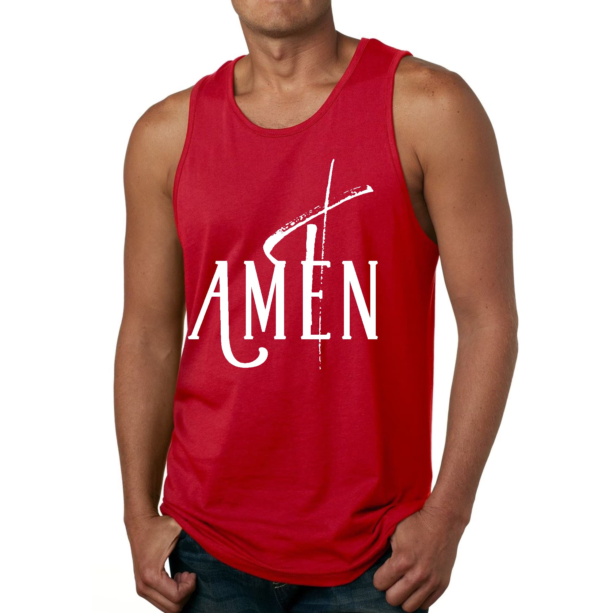 Men's Fitness Tank Top Graphic T-shirt featuring AMEN White Print, made from soft preshrunk cotton, ideal for workouts and casual wear.