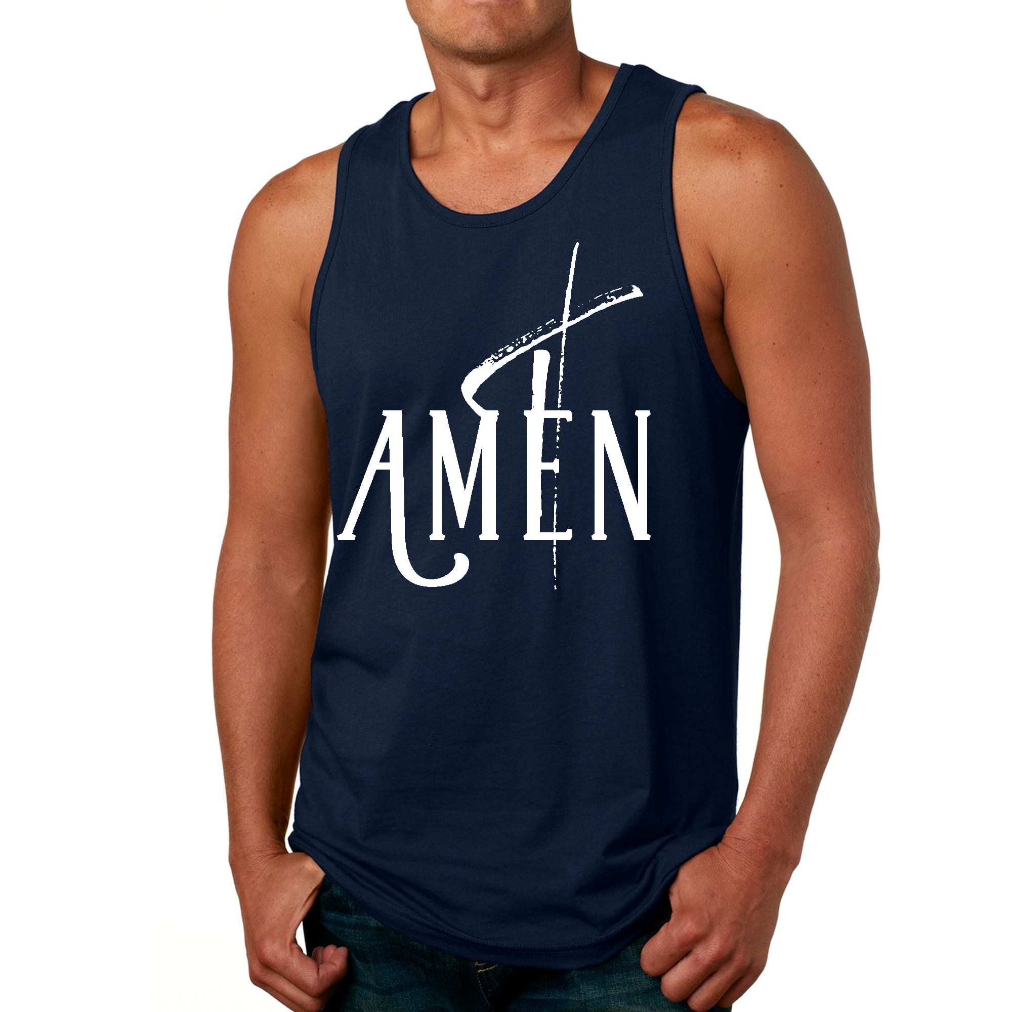 Men's Fitness Tank Top Graphic T-shirt featuring AMEN White Print, made from soft preshrunk cotton, ideal for workouts and casual wear.