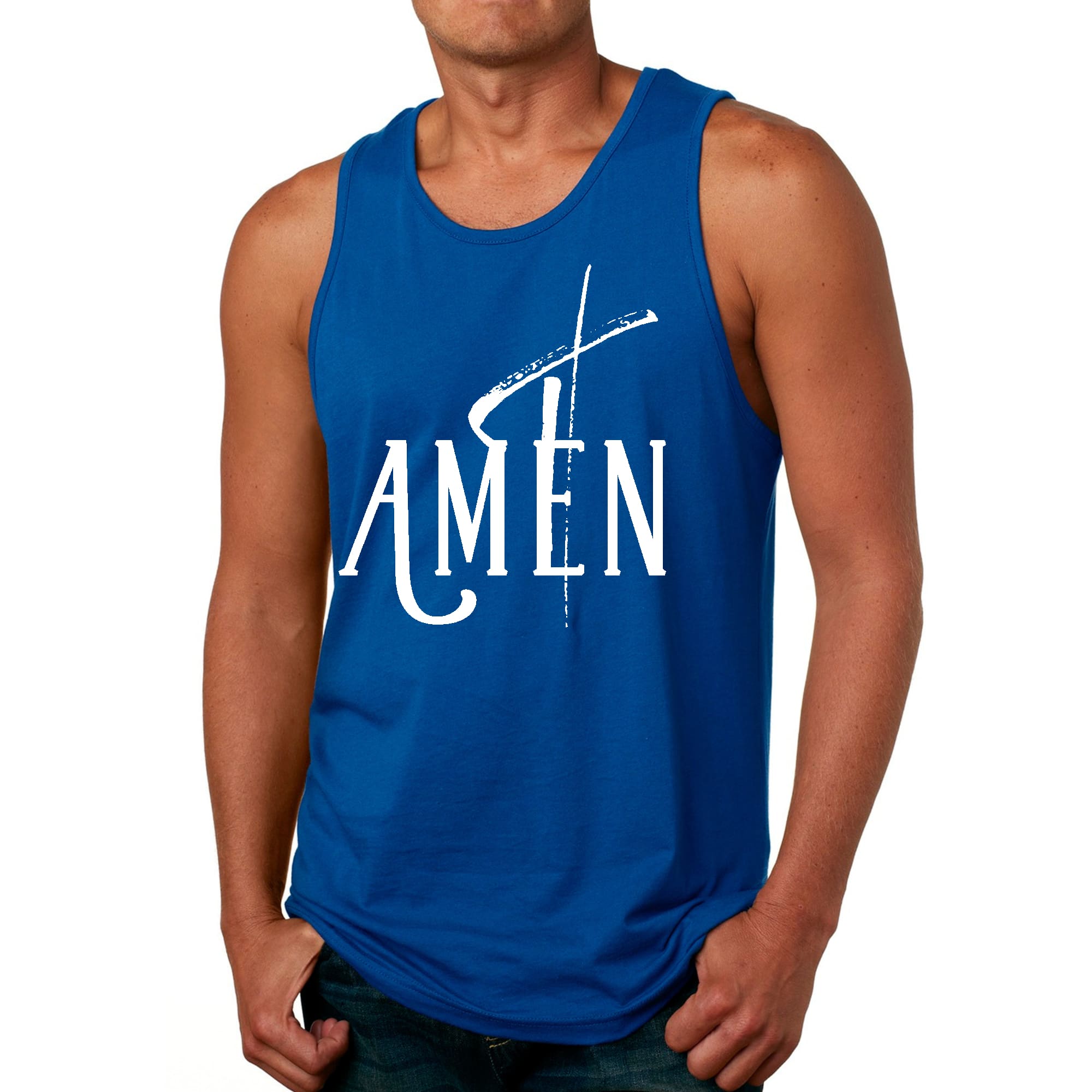 Men's Fitness Tank Top Graphic T-shirt featuring AMEN White Print, made from soft preshrunk cotton, ideal for workouts and casual wear.