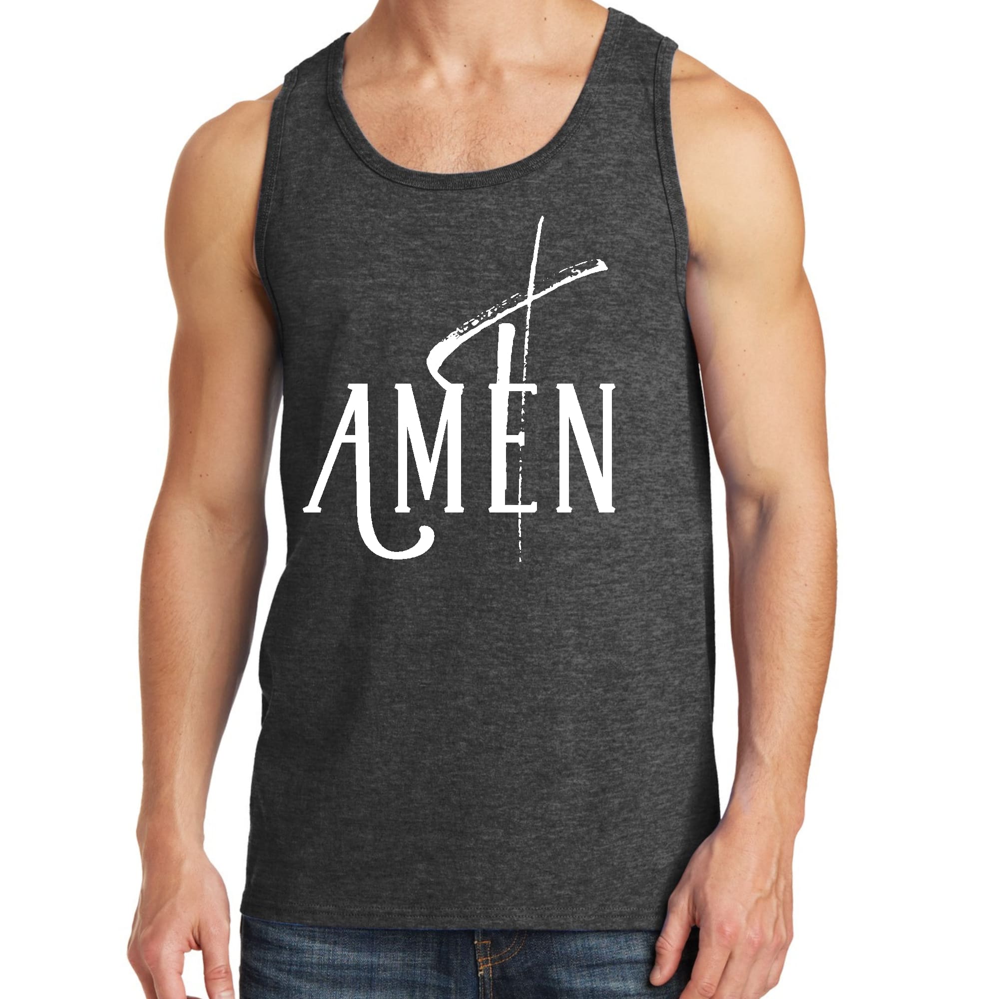 Men's Fitness Tank Top Graphic T-shirt featuring AMEN White Print, made from soft preshrunk cotton, ideal for workouts and casual wear.