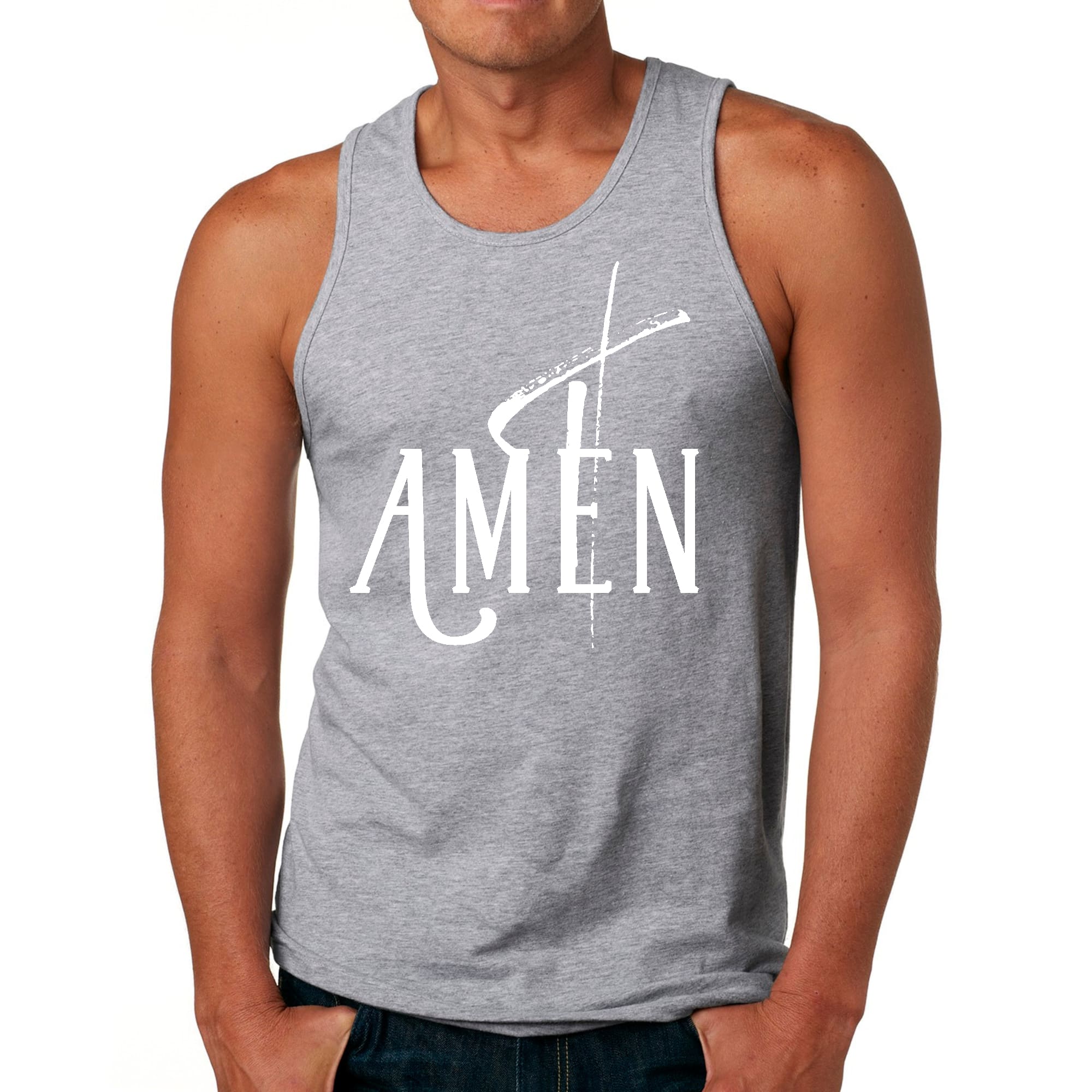 Men's Fitness Tank Top Graphic T-shirt featuring AMEN White Print, made from soft preshrunk cotton, ideal for workouts and casual wear.