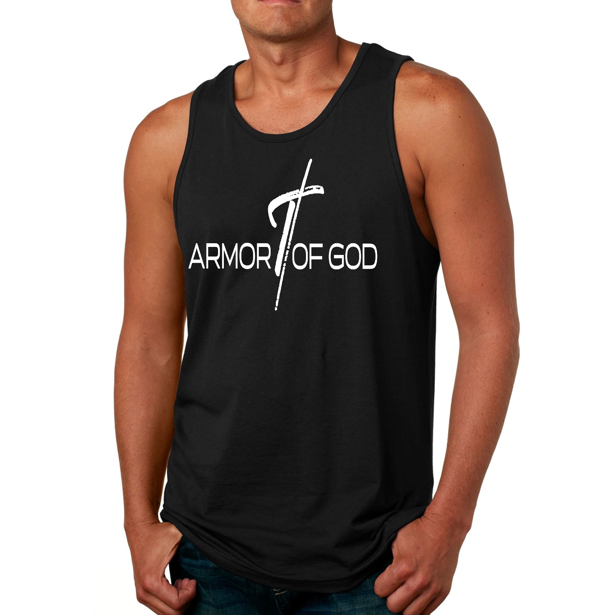 Men's Fitness Tank Top featuring Armor of God Cross design, made from soft preshrunk cotton, ideal for workouts and casual wear.