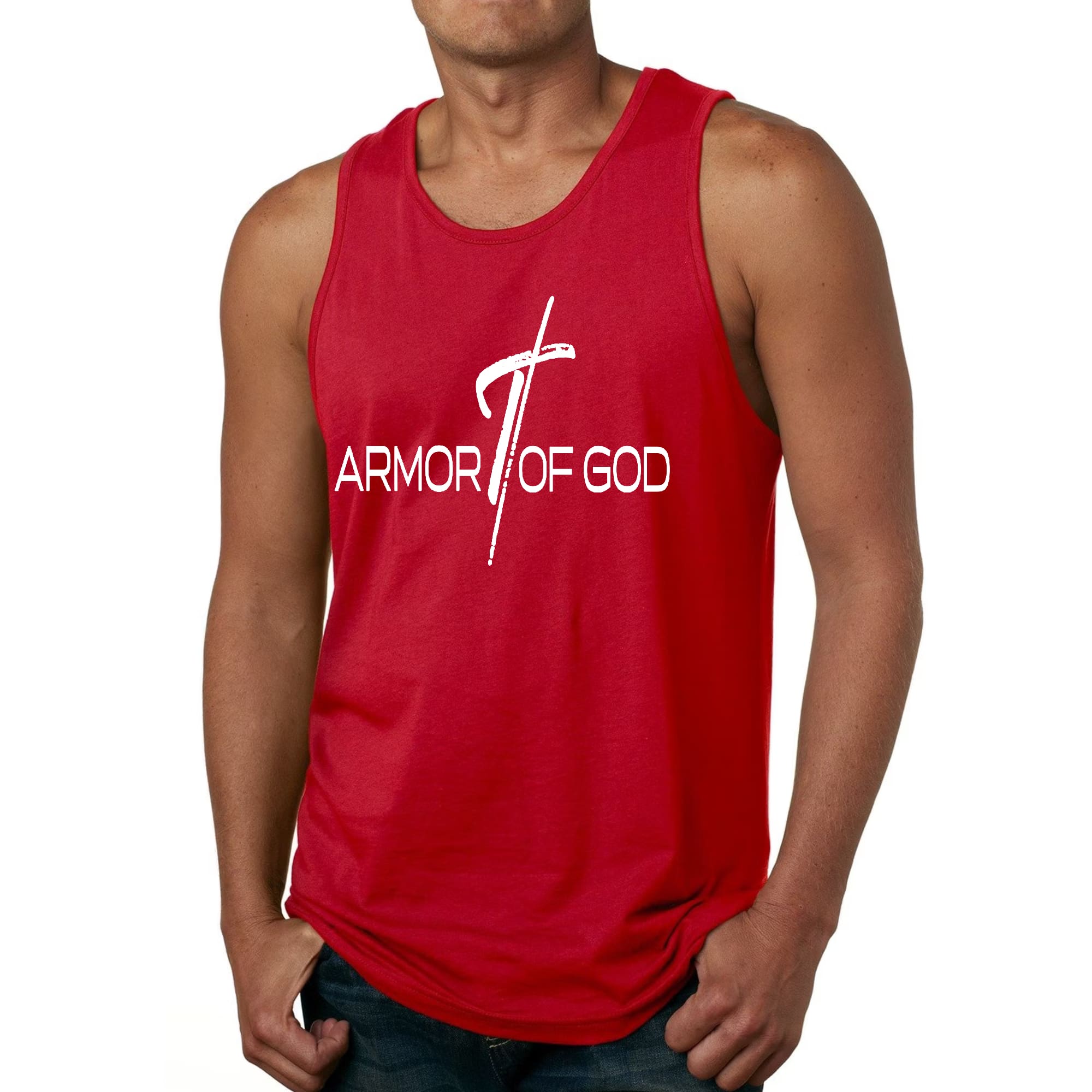 Men's Fitness Tank Top featuring Armor of God Cross design, made from soft preshrunk cotton, ideal for workouts and casual wear.