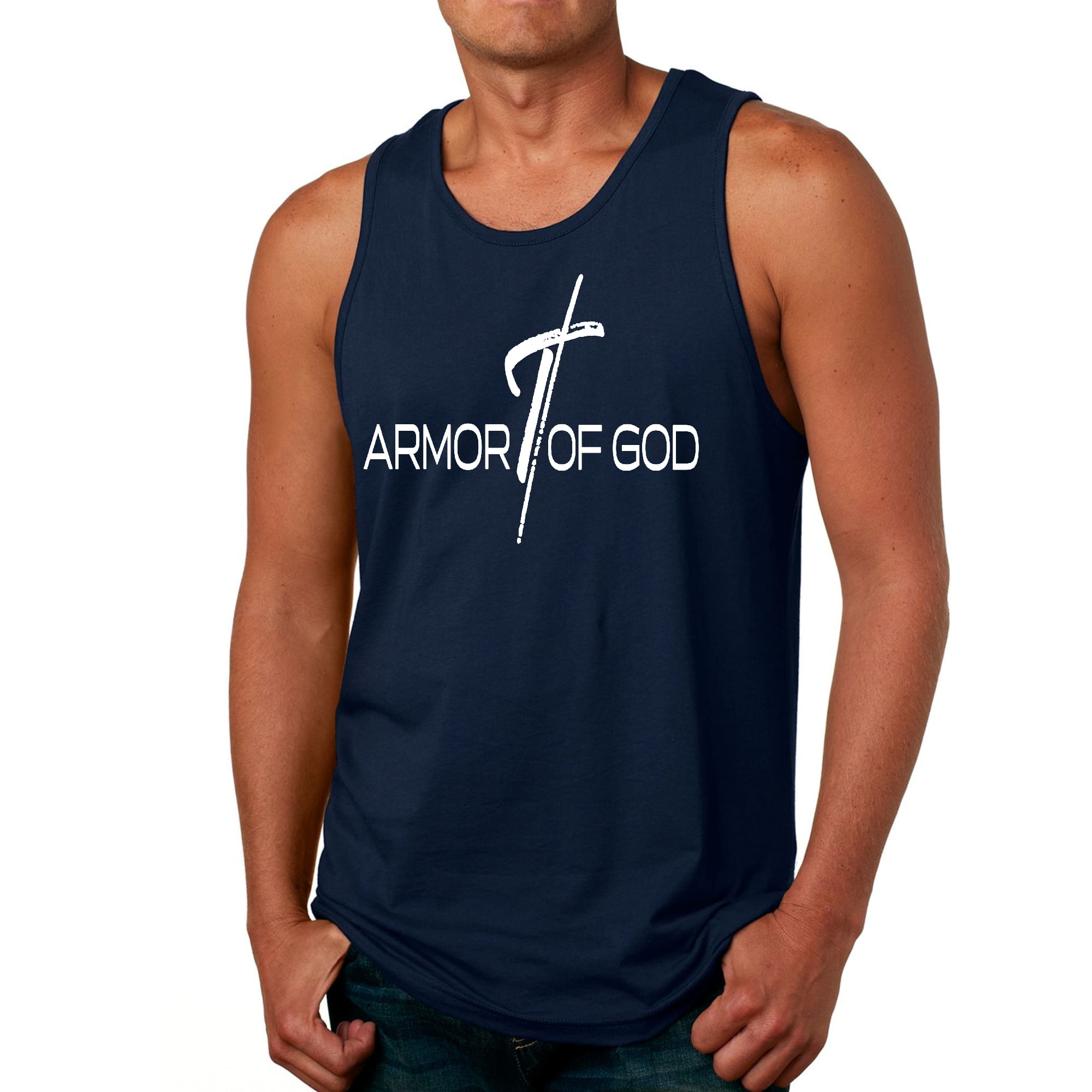 Men's Fitness Tank Top featuring Armor of God Cross design, made from soft preshrunk cotton, ideal for workouts and casual wear.