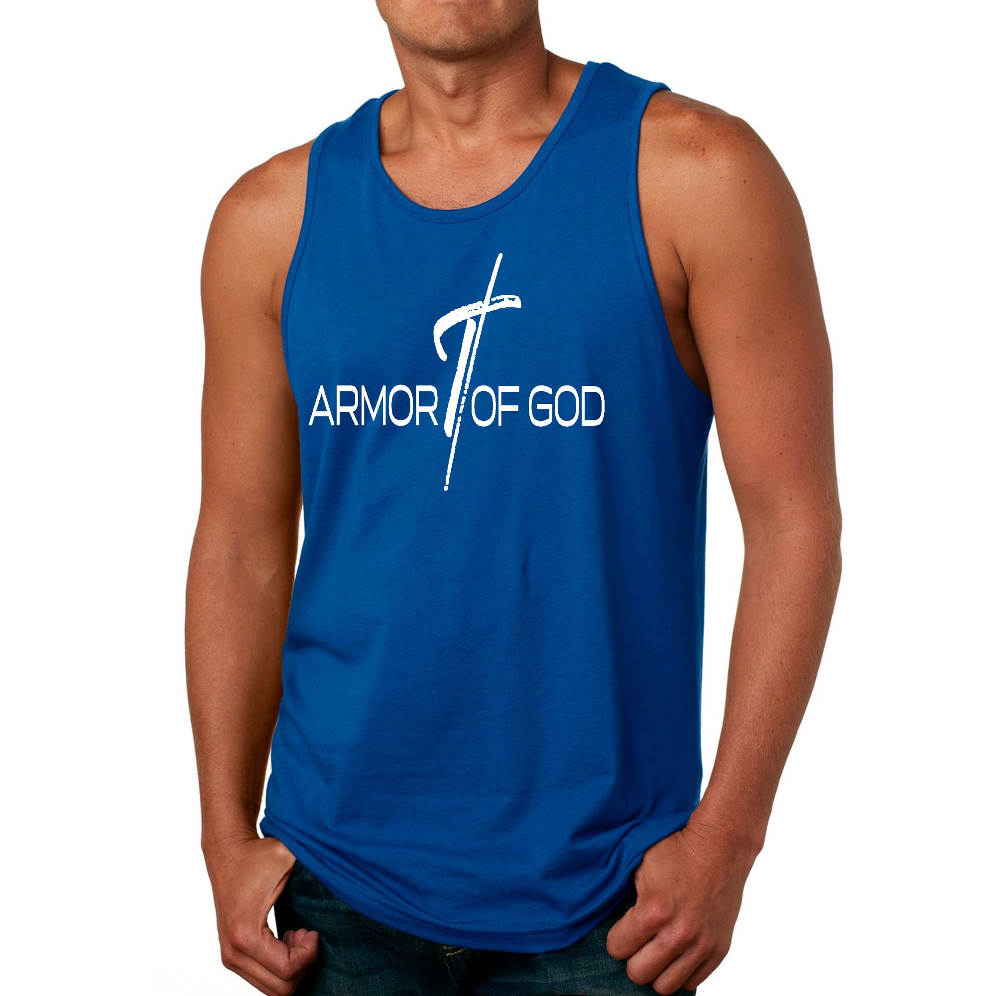 Men's Fitness Tank Top featuring Armor of God Cross design, made from soft preshrunk cotton, ideal for workouts and casual wear.