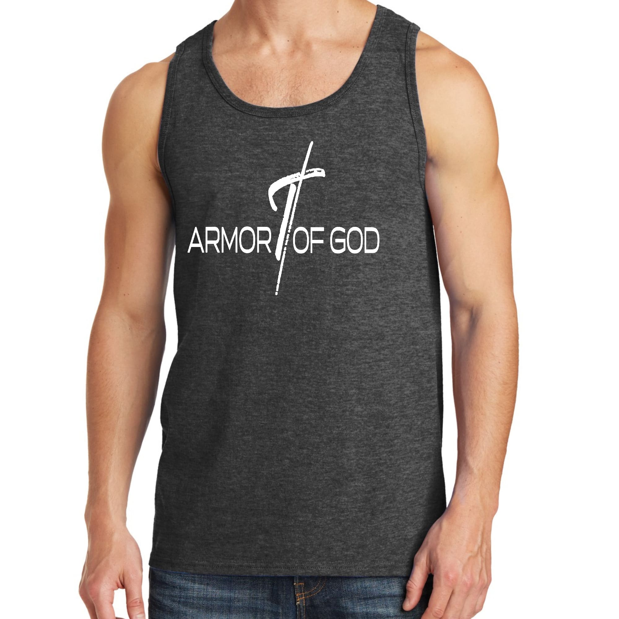 Men's Fitness Tank Top featuring Armor of God Cross design, made from soft preshrunk cotton, ideal for workouts and casual wear.