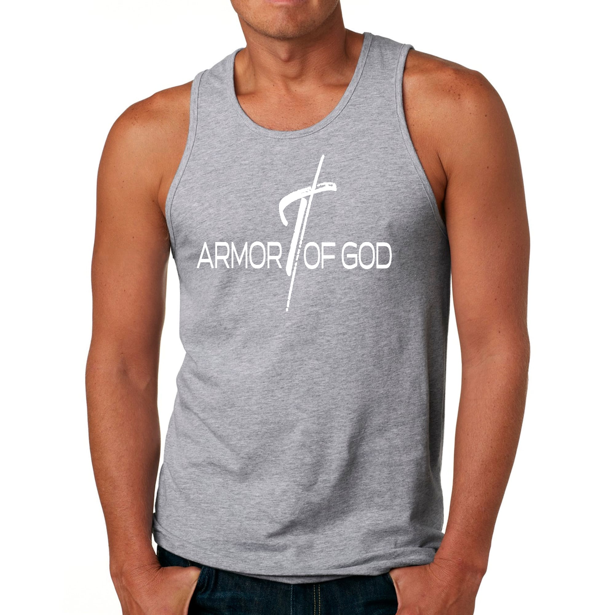 Men's Fitness Tank Top featuring Armor of God Cross design, made from soft preshrunk cotton, ideal for workouts and casual wear.