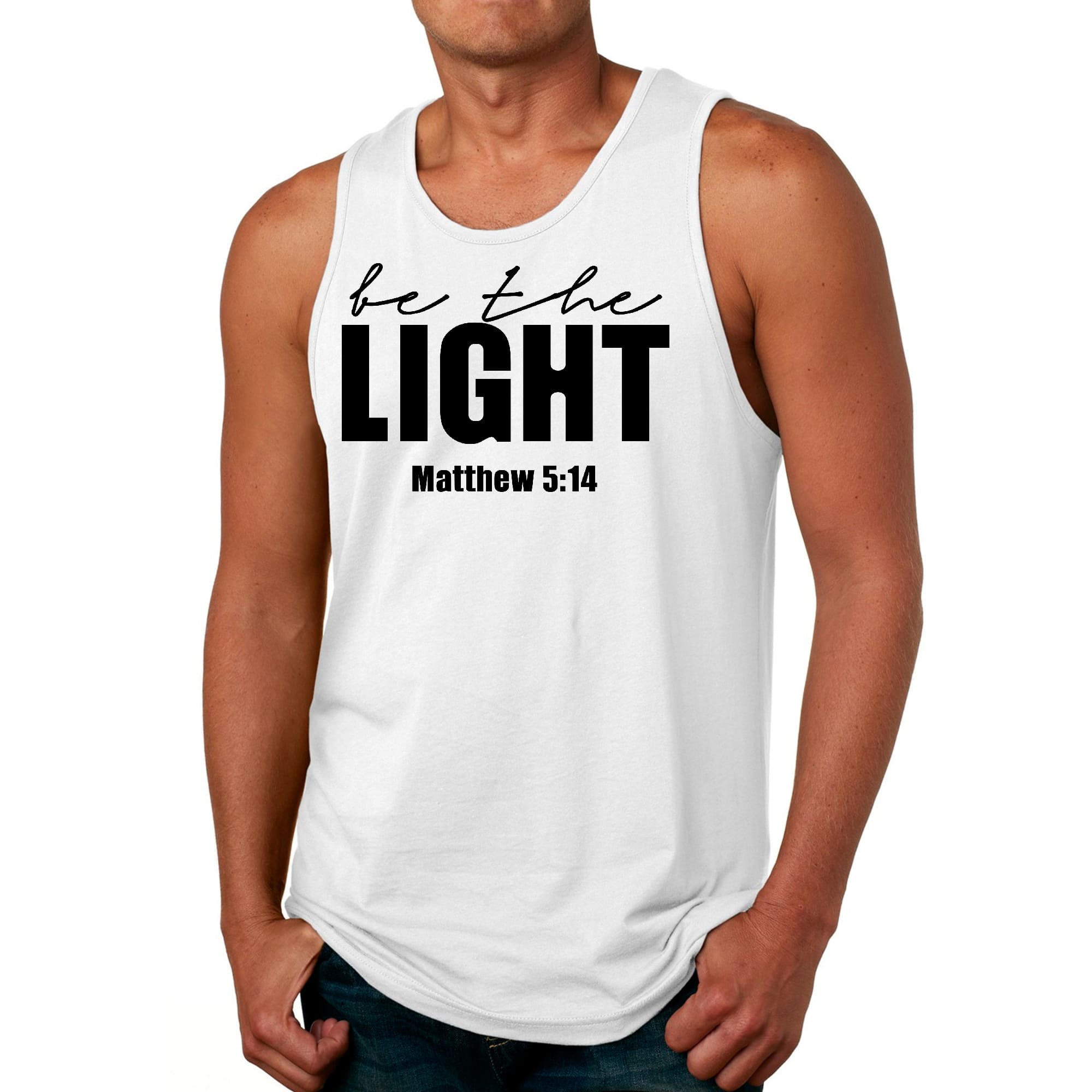 Men's Fitness Tank Top in black featuring 'Be The Light' inspirational graphic design, made from soft preshrunk cotton.