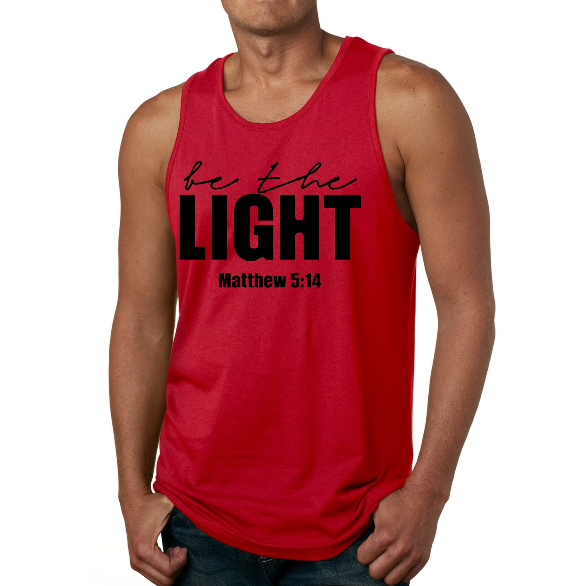 Men's Fitness Tank Top in black featuring 'Be The Light' inspirational graphic design, made from soft preshrunk cotton.