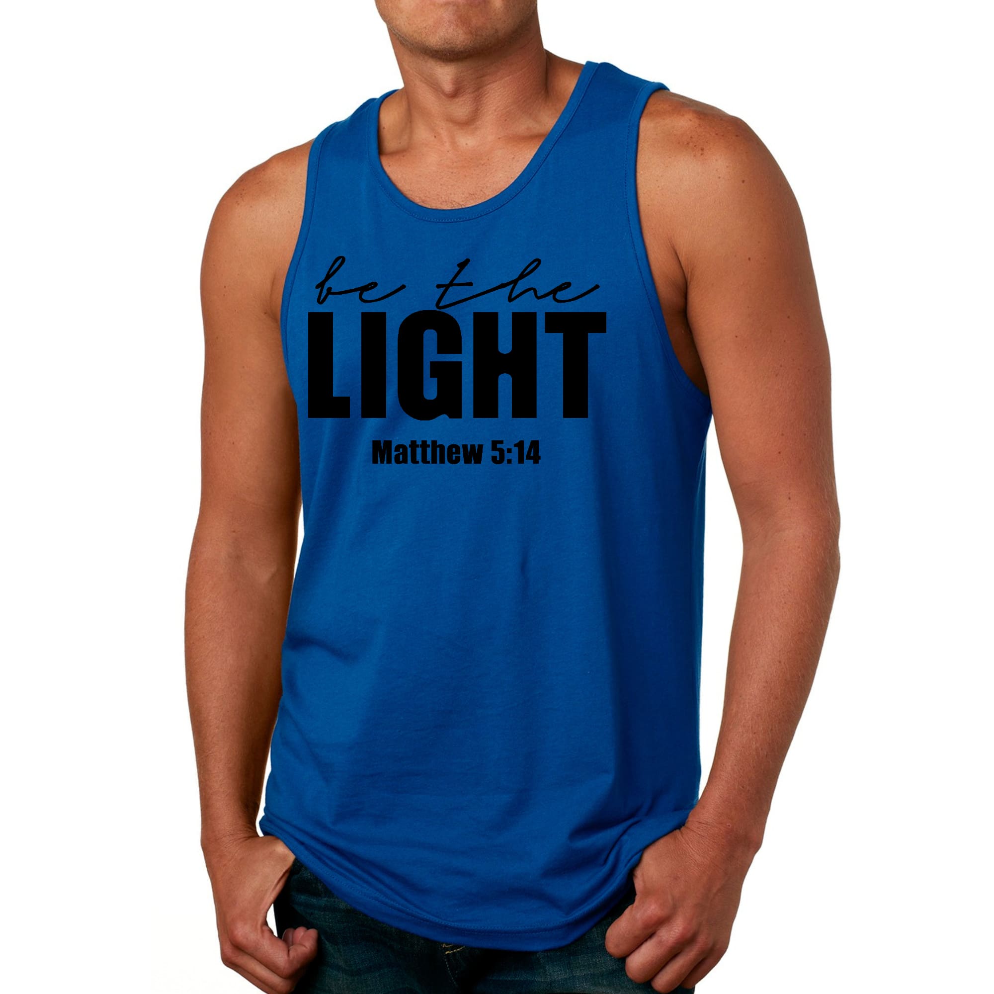 Men's Fitness Tank Top in black featuring 'Be The Light' inspirational graphic design, made from soft preshrunk cotton.