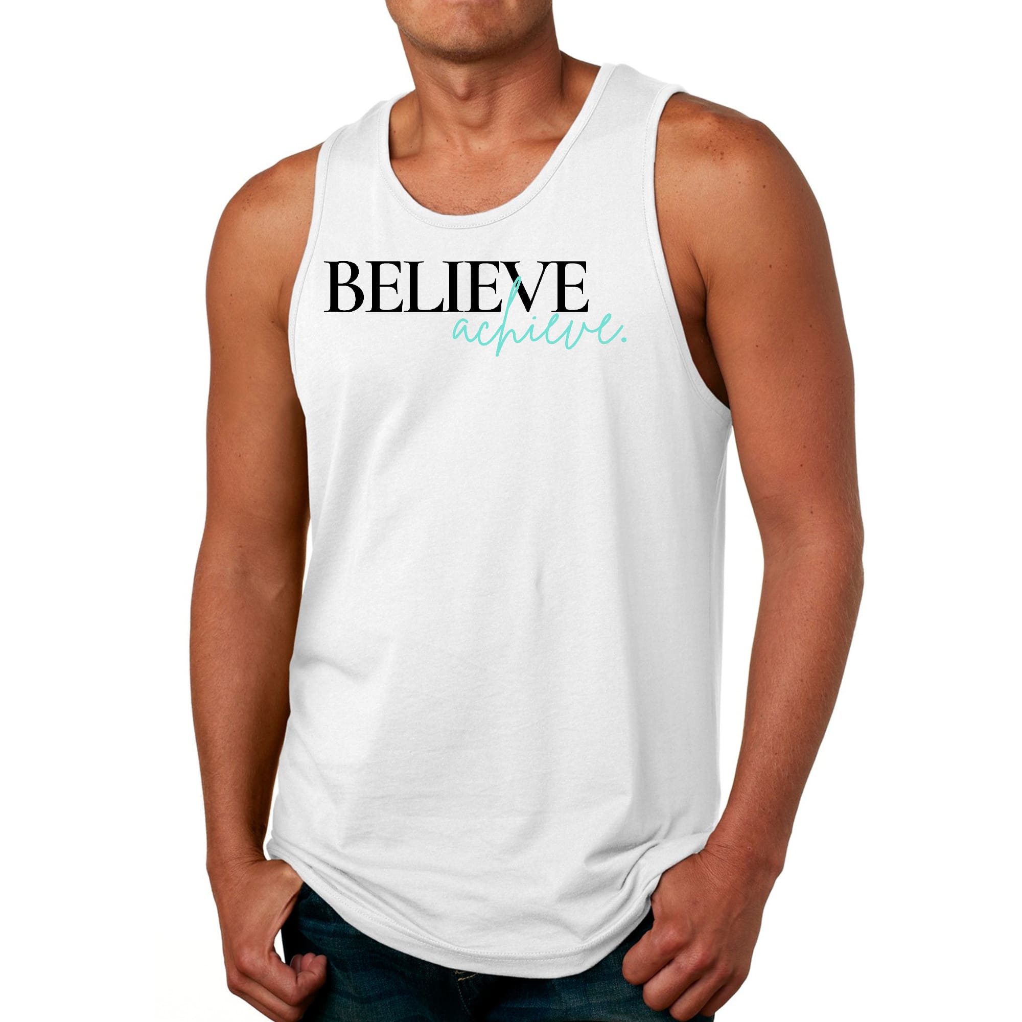 Men's Fitness Tank Top Graphic T-shirt featuring 'Believe and Achieve' motivational design in soft preshrunk cotton.