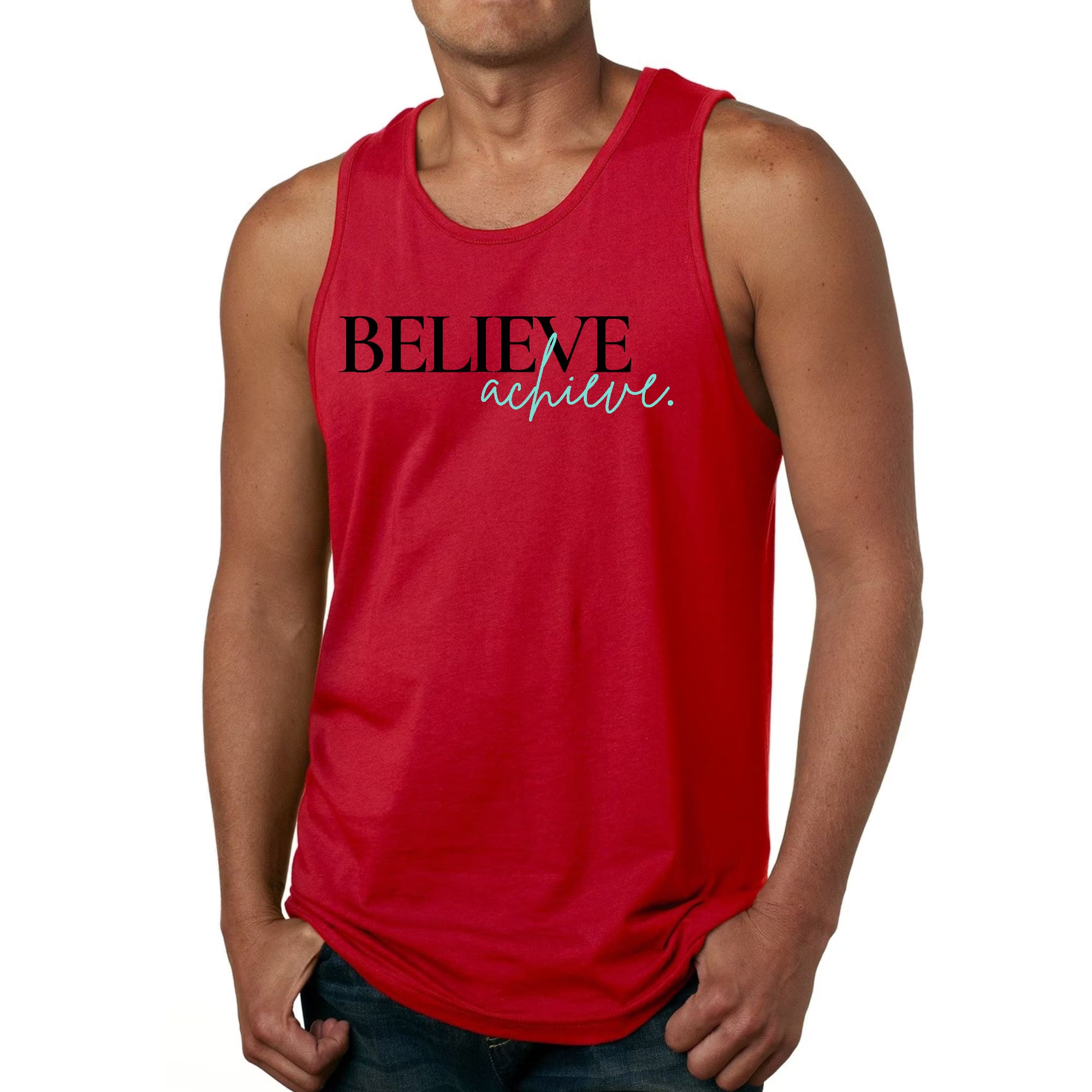 Men's Fitness Tank Top Graphic T-shirt featuring 'Believe and Achieve' motivational design in soft preshrunk cotton.