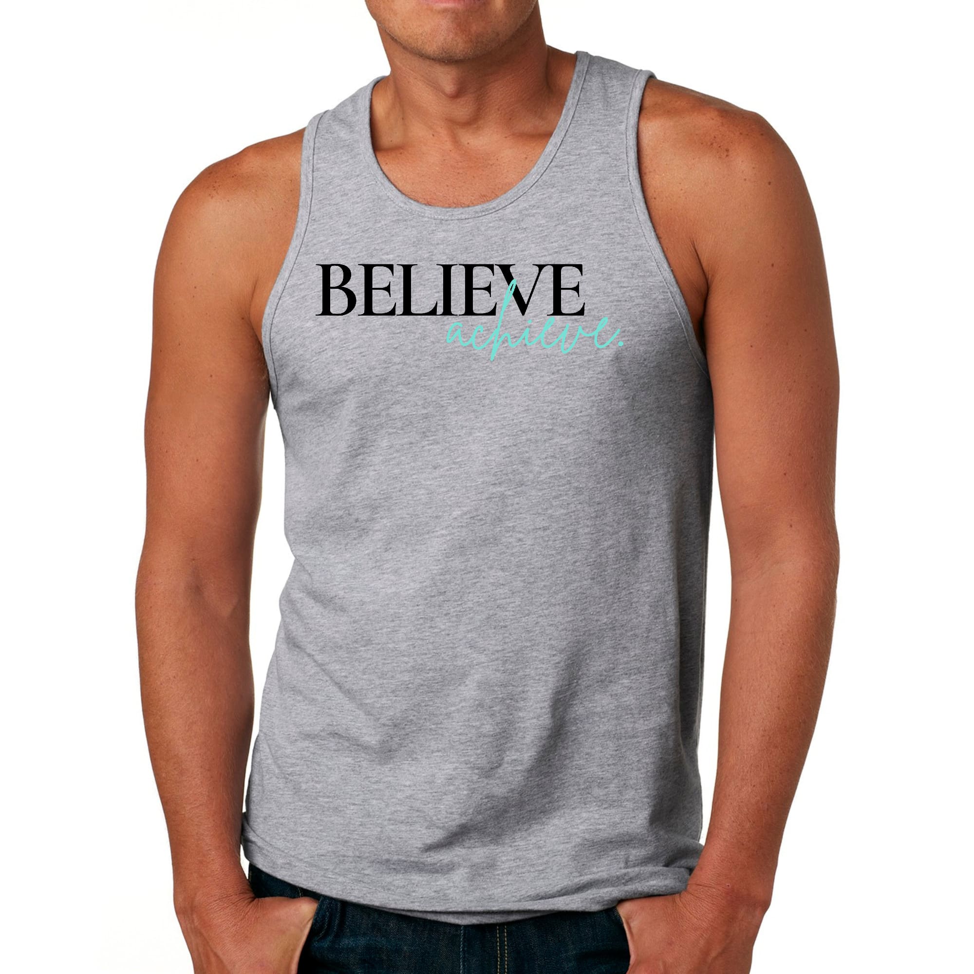 Men's Fitness Tank Top Graphic T-shirt featuring 'Believe and Achieve' motivational design in soft preshrunk cotton.