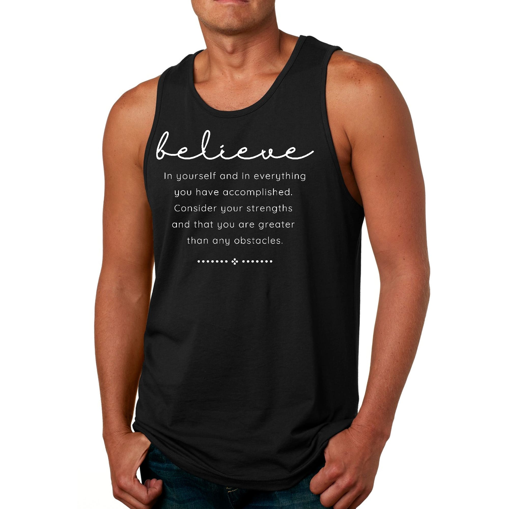 Men's Fitness Tank Top Graphic T-Shirt featuring 'Believe in Yourself' slogan, made from soft preshrunk cotton, ideal for workouts.