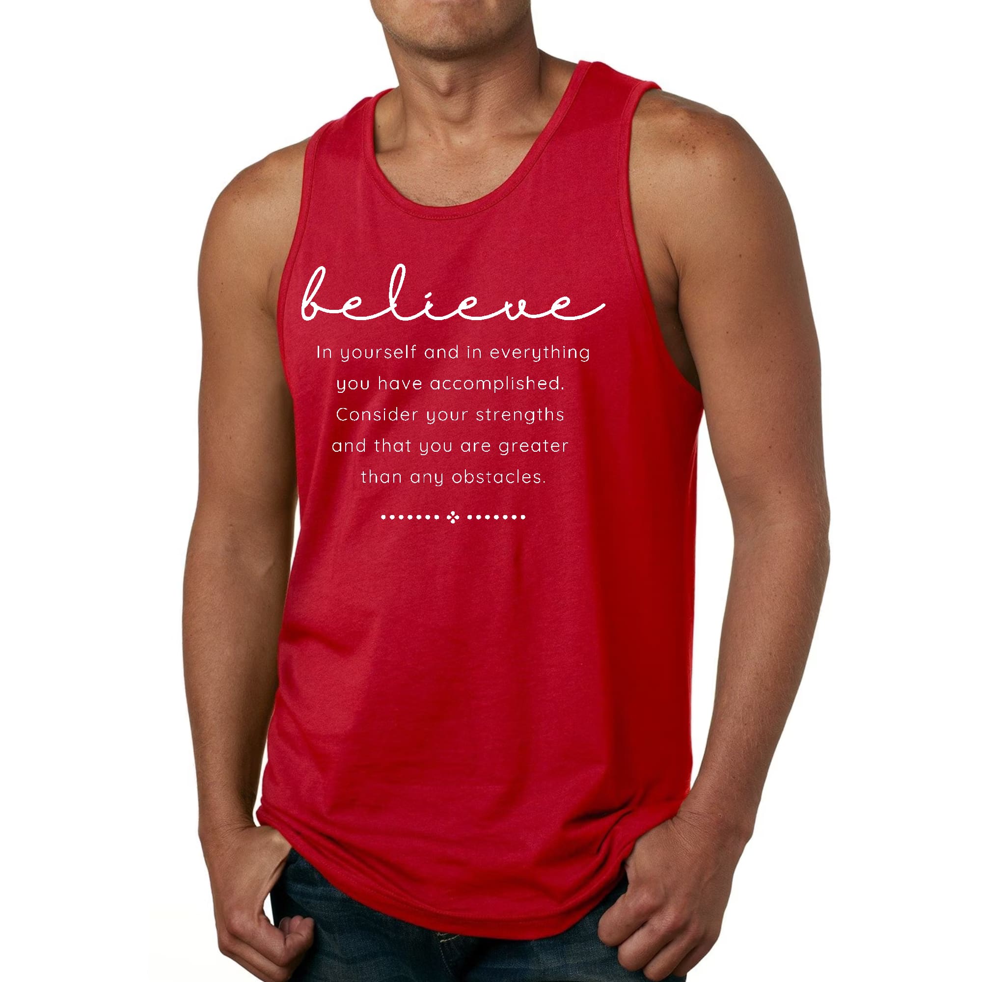 Men's Fitness Tank Top Graphic T-Shirt featuring 'Believe in Yourself' slogan, made from soft preshrunk cotton, ideal for workouts.