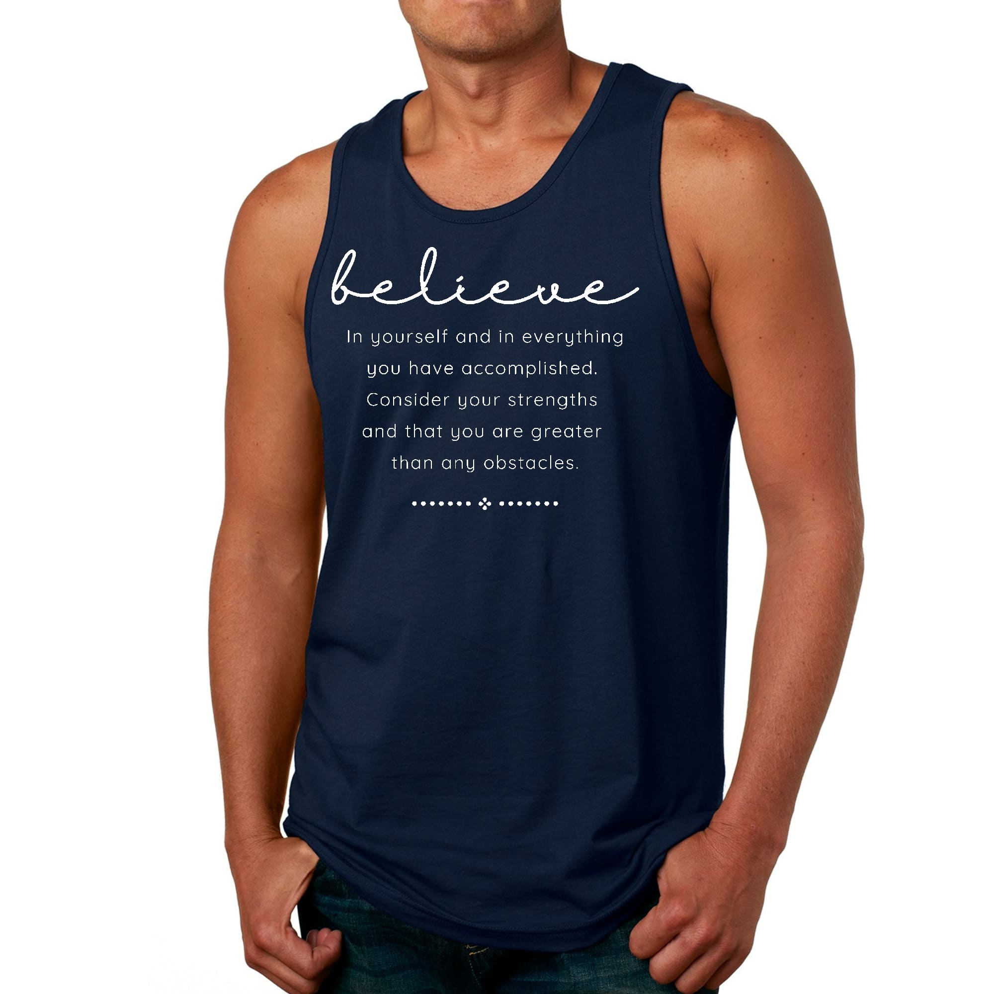 Men's Fitness Tank Top Graphic T-Shirt featuring 'Believe in Yourself' slogan, made from soft preshrunk cotton, ideal for workouts.