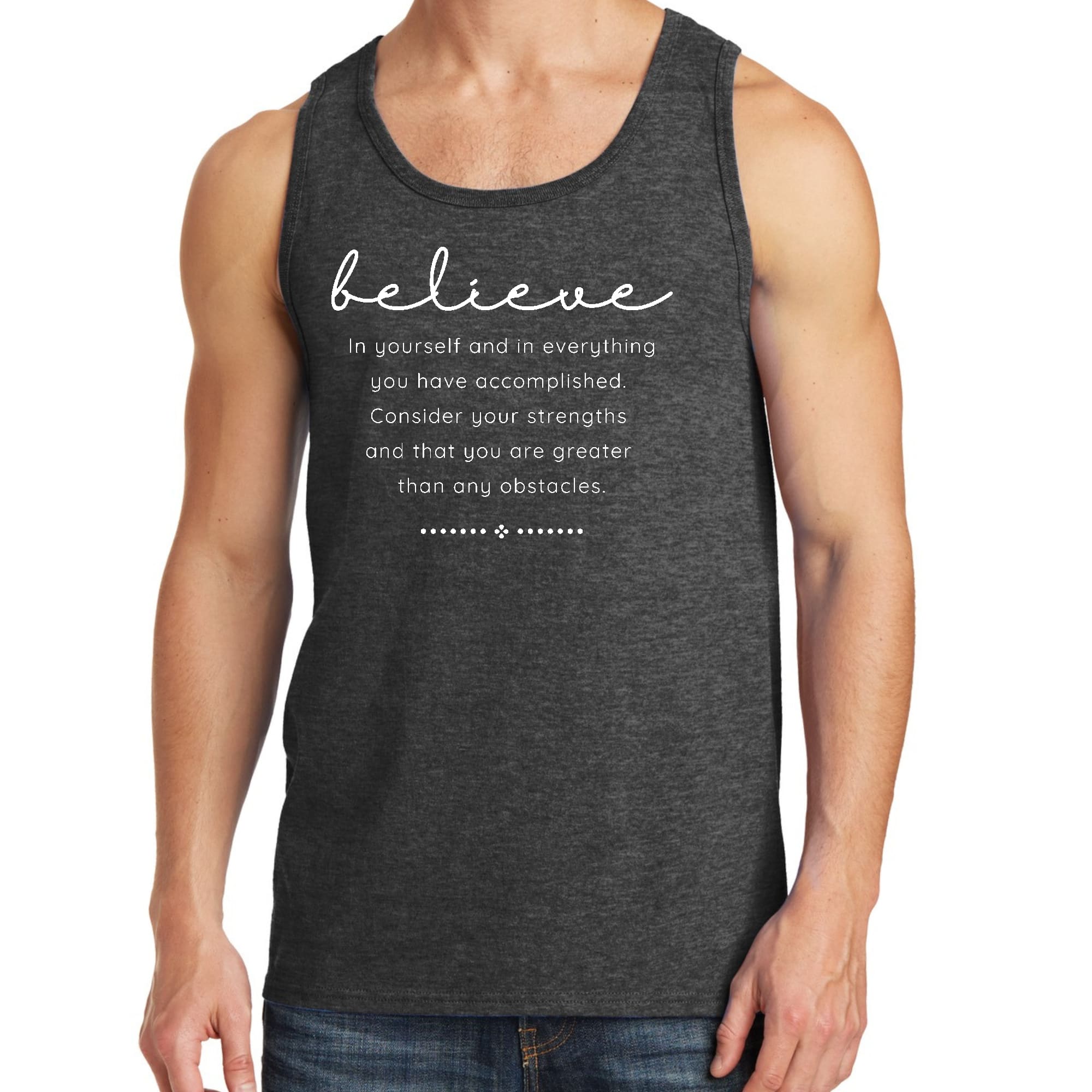 Men's Fitness Tank Top Graphic T-Shirt featuring 'Believe in Yourself' slogan, made from soft preshrunk cotton, ideal for workouts.