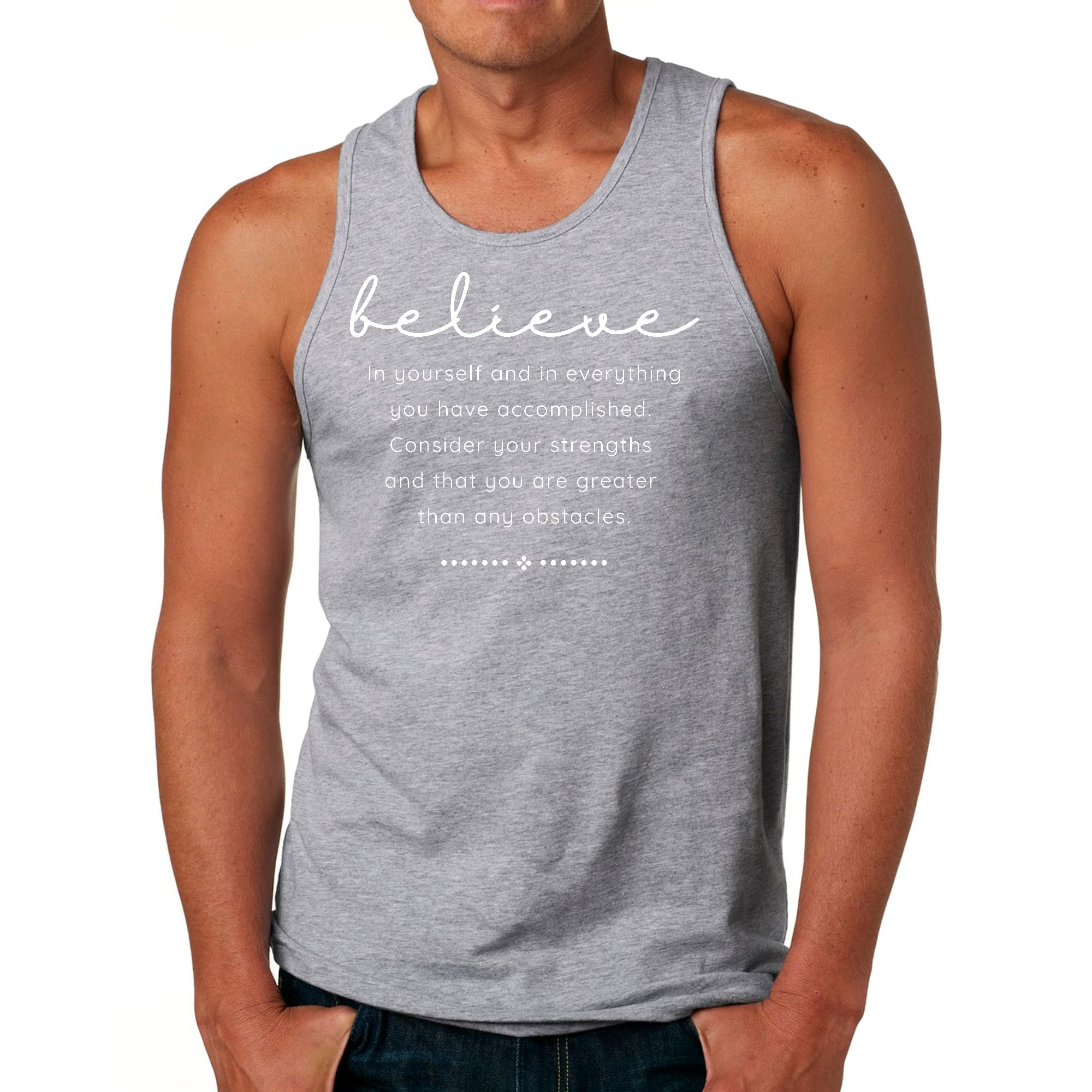 Men's Fitness Tank Top Graphic T-Shirt featuring 'Believe in Yourself' slogan, made from soft preshrunk cotton, ideal for workouts.