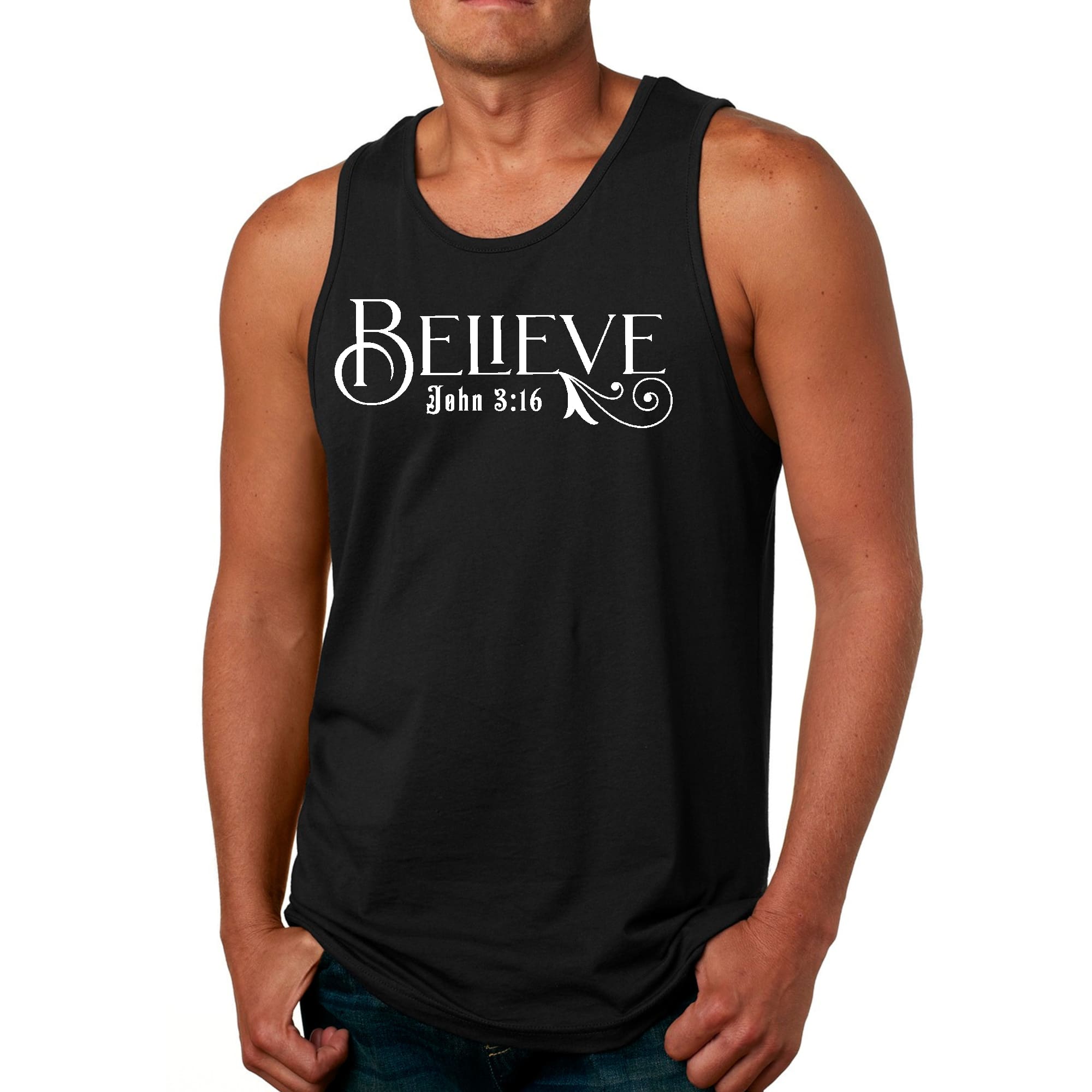 Men's Fitness Tank Top Graphic T-shirt featuring John 3:16, made from soft preshrunk cotton with a classic fit.