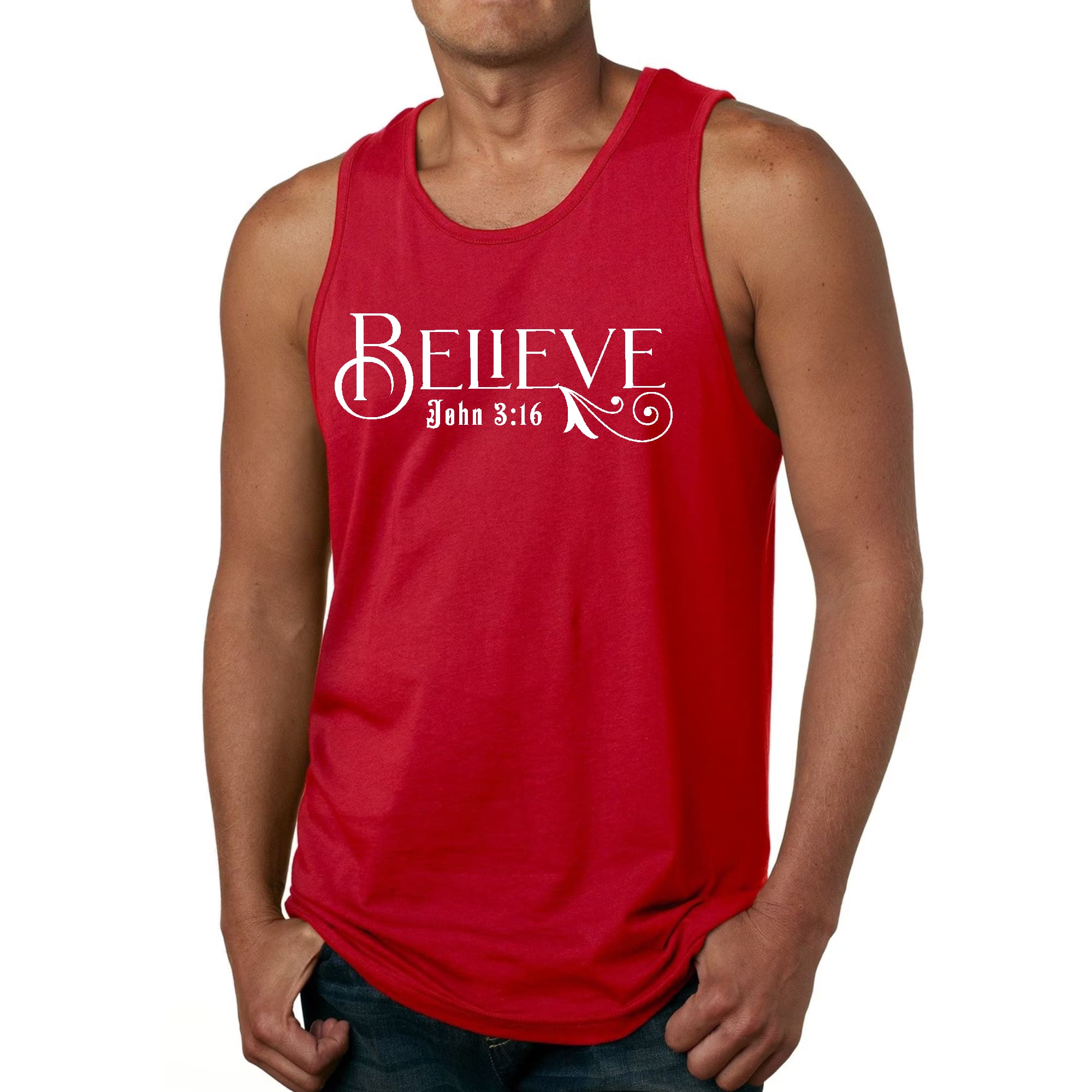 Men's Fitness Tank Top Graphic T-shirt featuring John 3:16, made from soft preshrunk cotton with a classic fit.