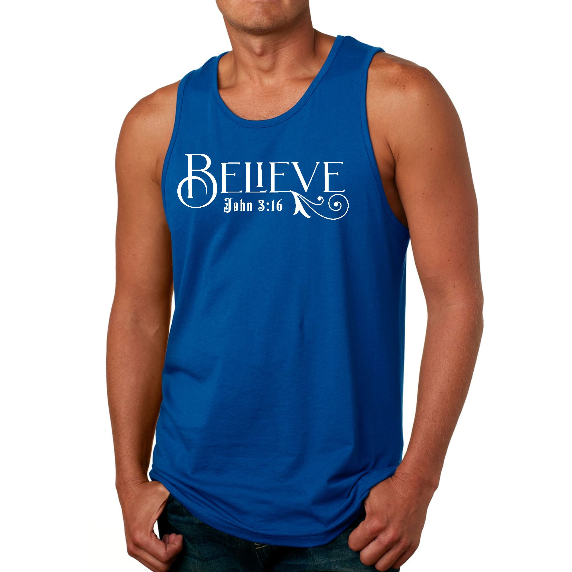 Men's Fitness Tank Top Graphic T-shirt featuring John 3:16, made from soft preshrunk cotton with a classic fit.