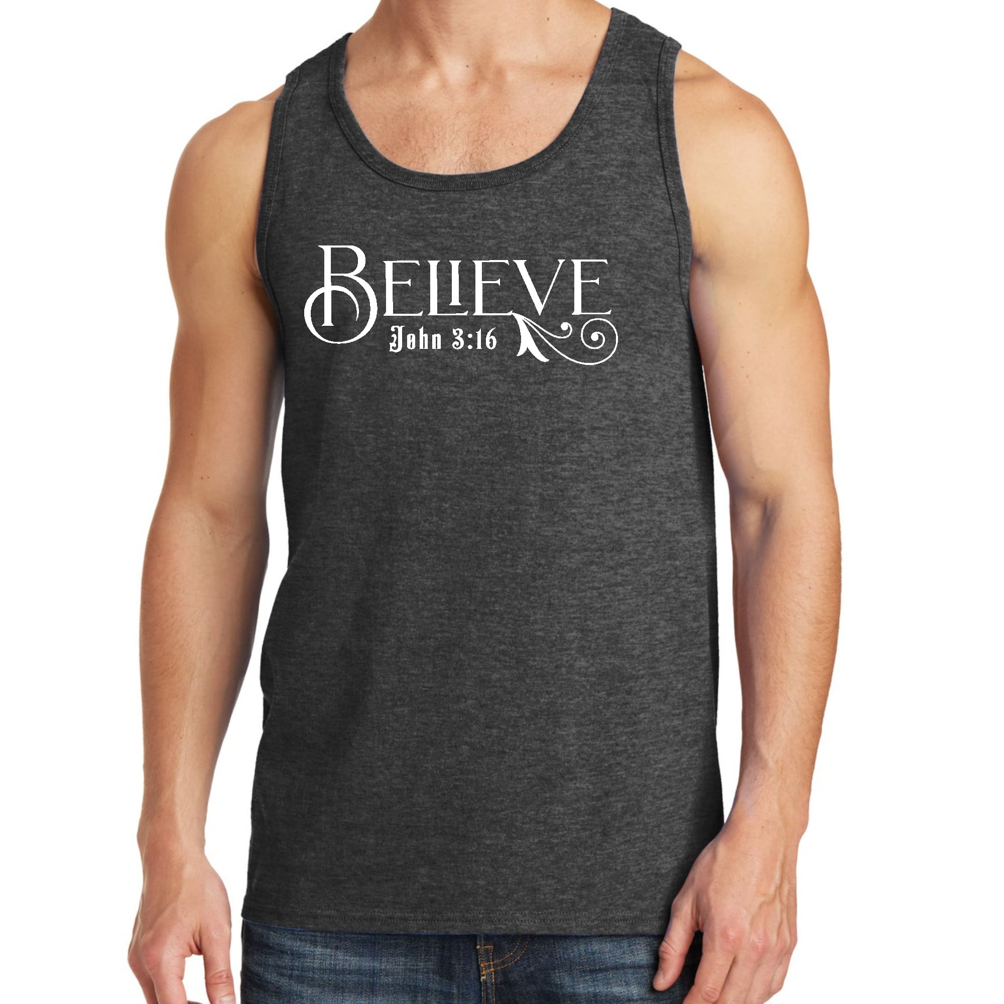 Men's Fitness Tank Top Graphic T-shirt featuring John 3:16, made from soft preshrunk cotton with a classic fit.