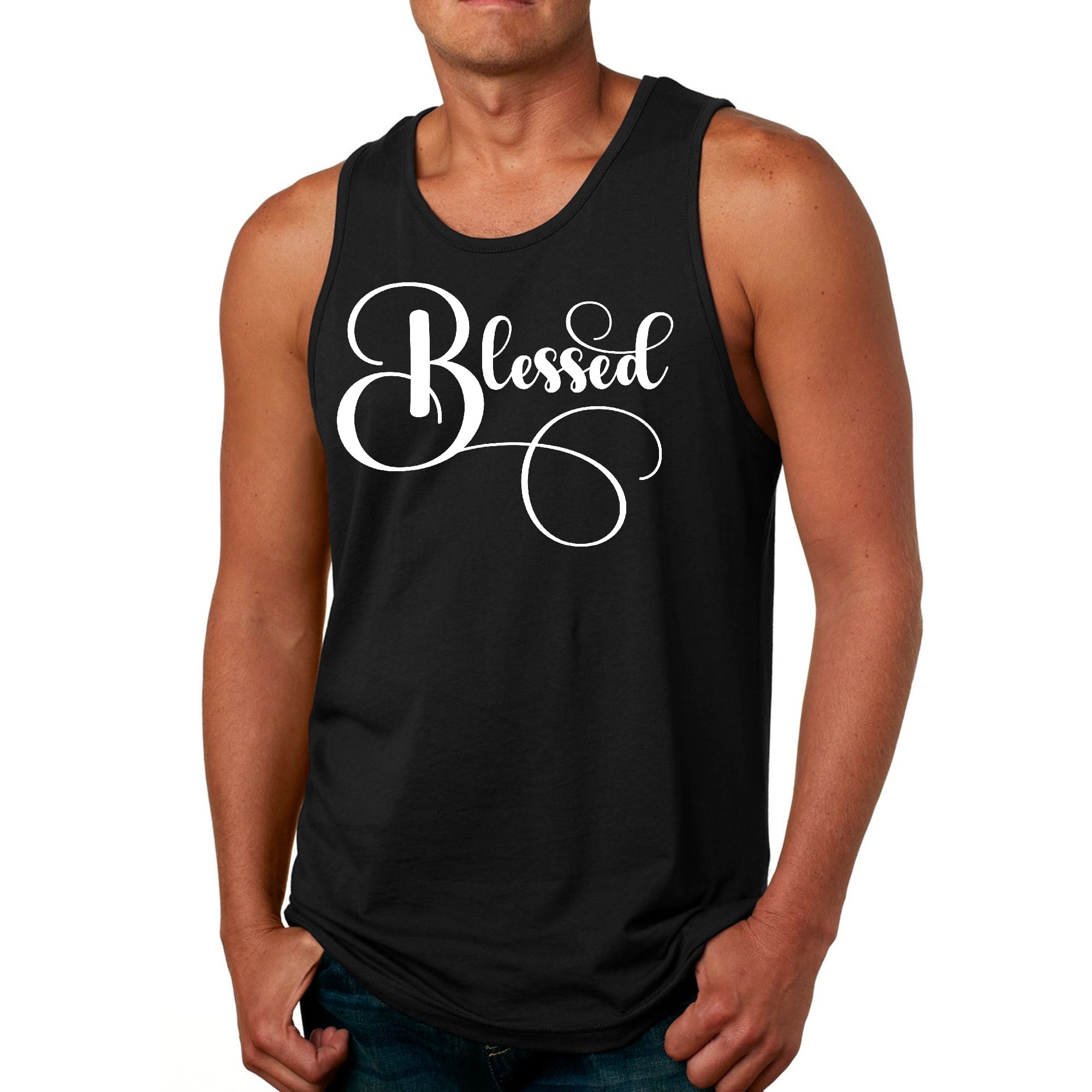 Men's Fitness Tank Top featuring a Blessed Graphic Illustration, made from soft preshrunk cotton, ideal for workouts and casual wear.