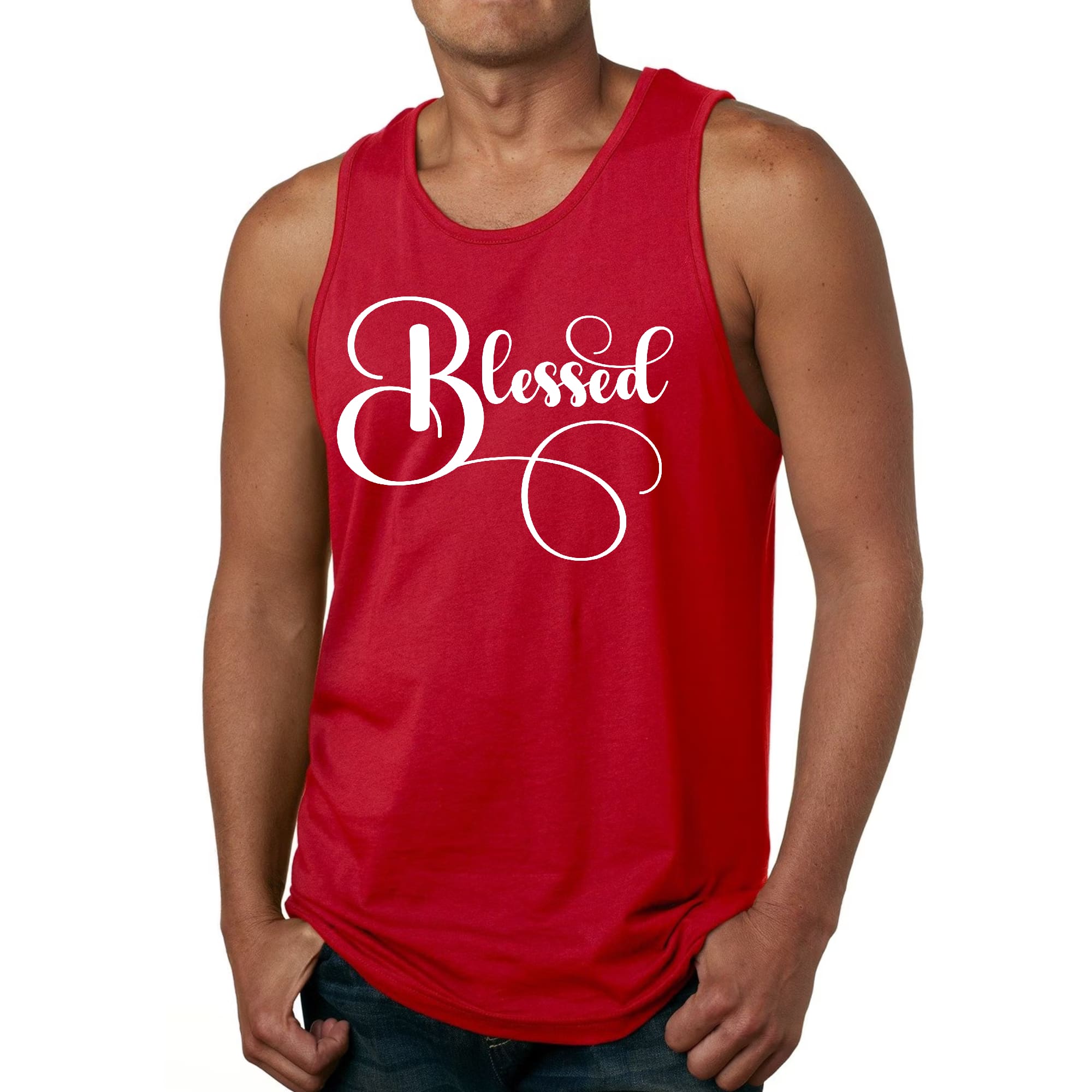 Men's Fitness Tank Top featuring a Blessed Graphic Illustration, made from soft preshrunk cotton, ideal for workouts and casual wear.