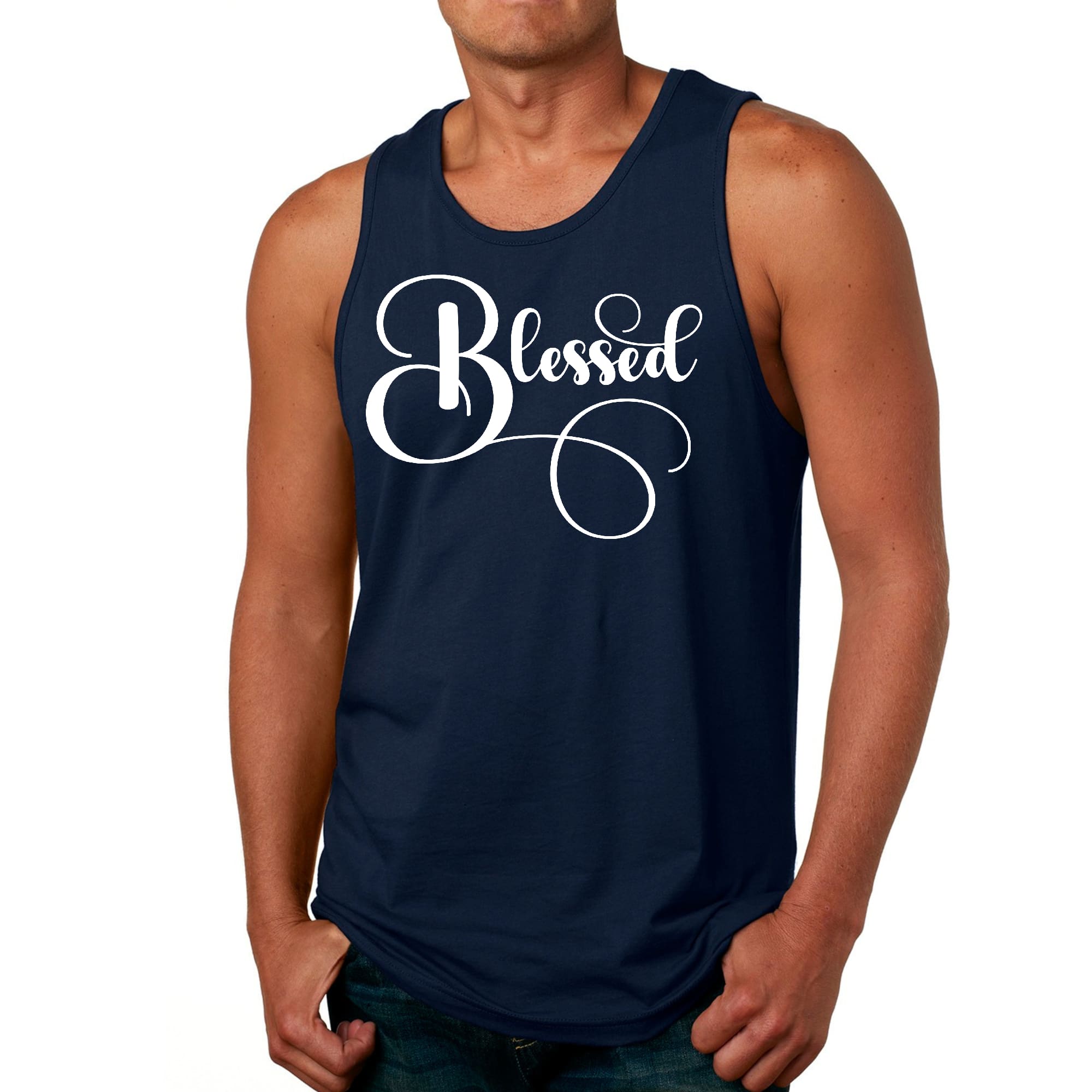 Men's Fitness Tank Top featuring a Blessed Graphic Illustration, made from soft preshrunk cotton, ideal for workouts and casual wear.