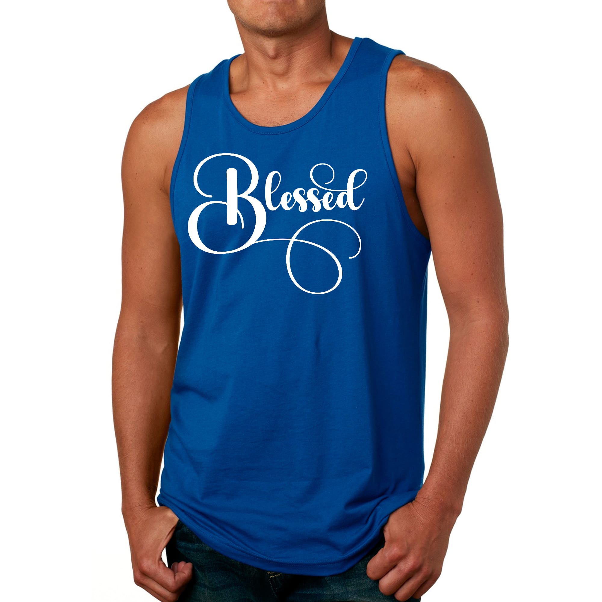 Men's Fitness Tank Top featuring a Blessed Graphic Illustration, made from soft preshrunk cotton, ideal for workouts and casual wear.