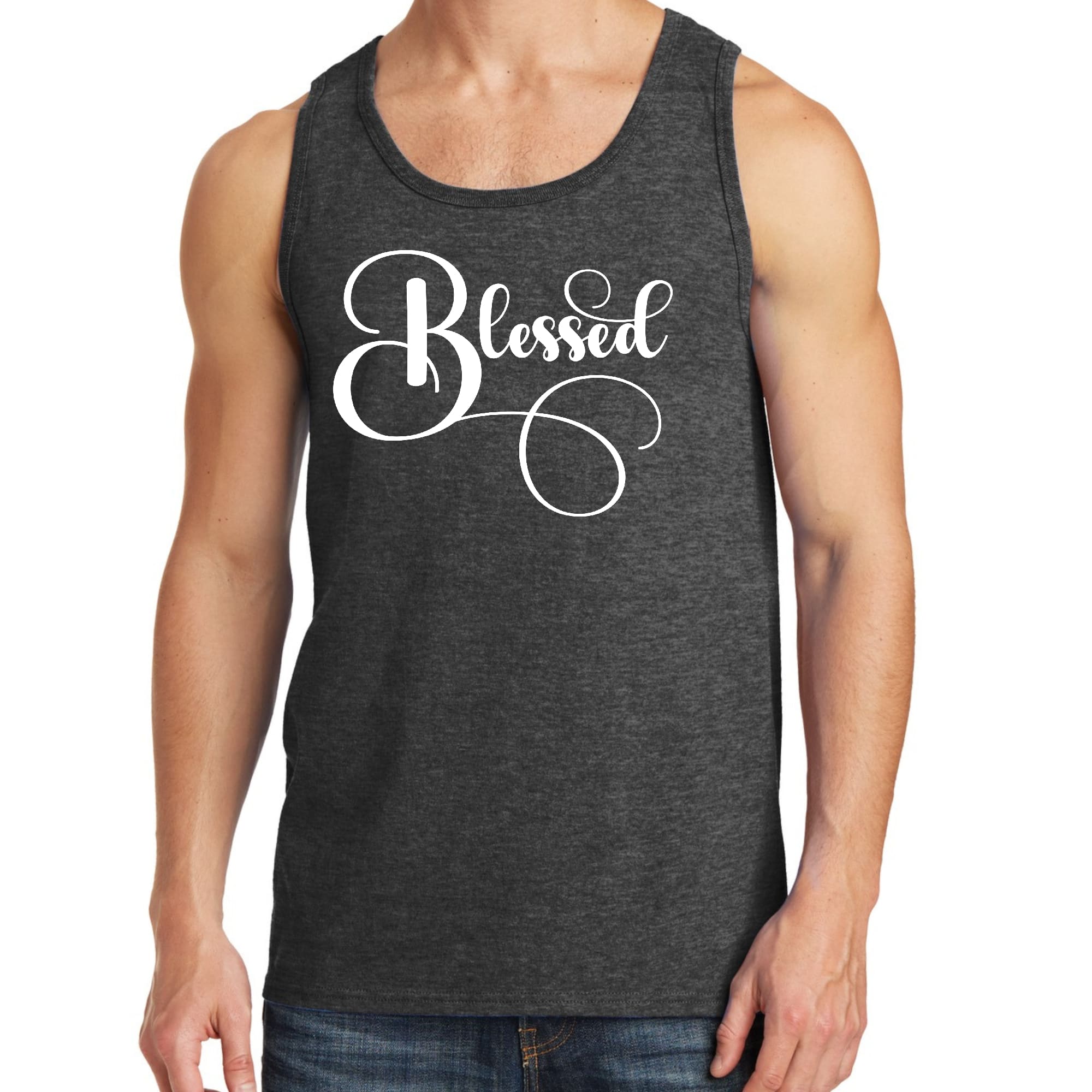 Men's Fitness Tank Top featuring a Blessed Graphic Illustration, made from soft preshrunk cotton, ideal for workouts and casual wear.