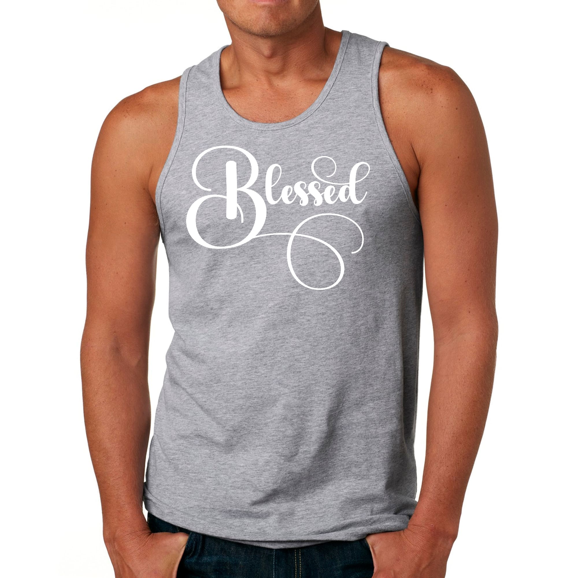 Men's Fitness Tank Top featuring a Blessed Graphic Illustration, made from soft preshrunk cotton, ideal for workouts and casual wear.