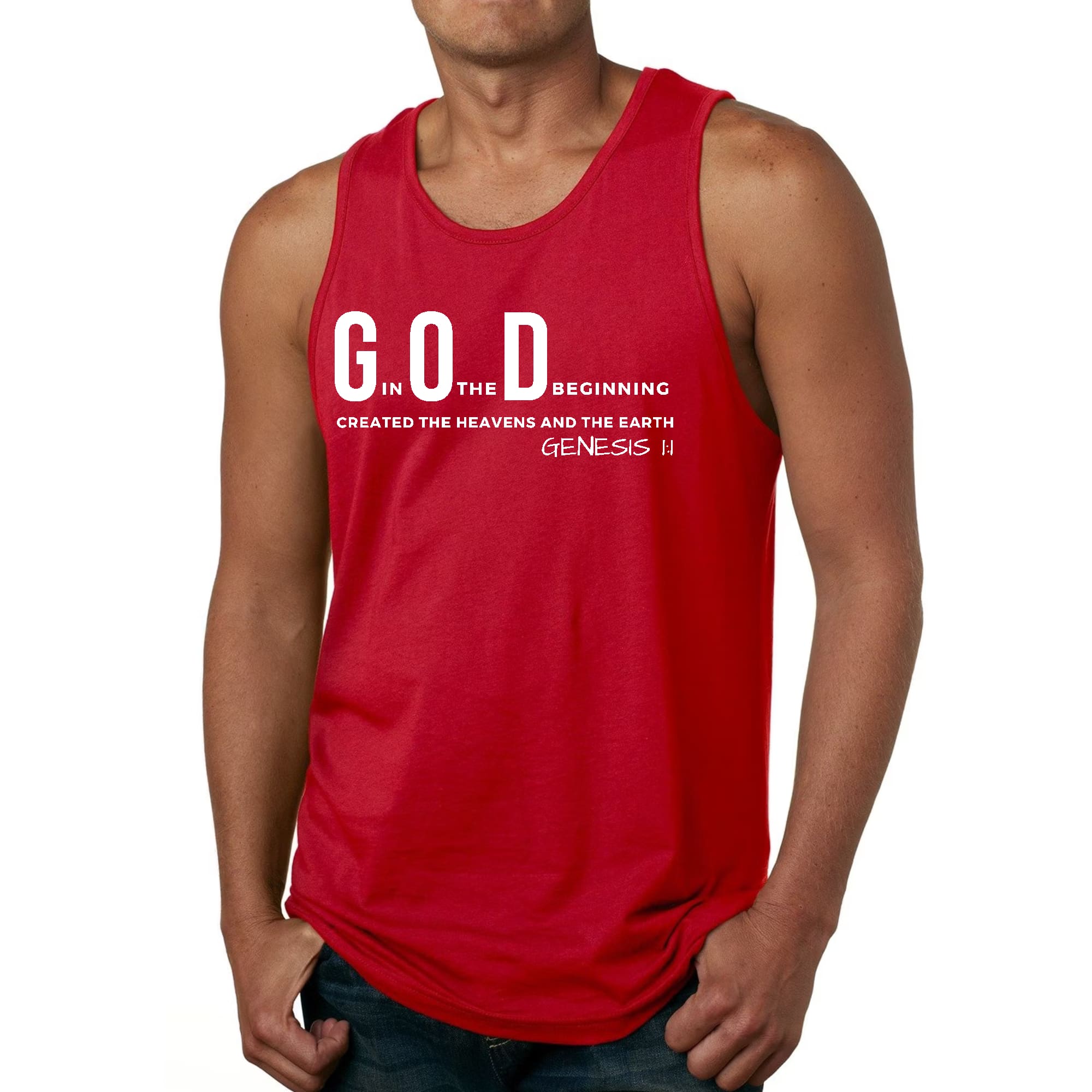 Men's fitness tank top featuring 'God in the Beginning' graphic print, made from soft preshrunk cotton for comfort and durability.