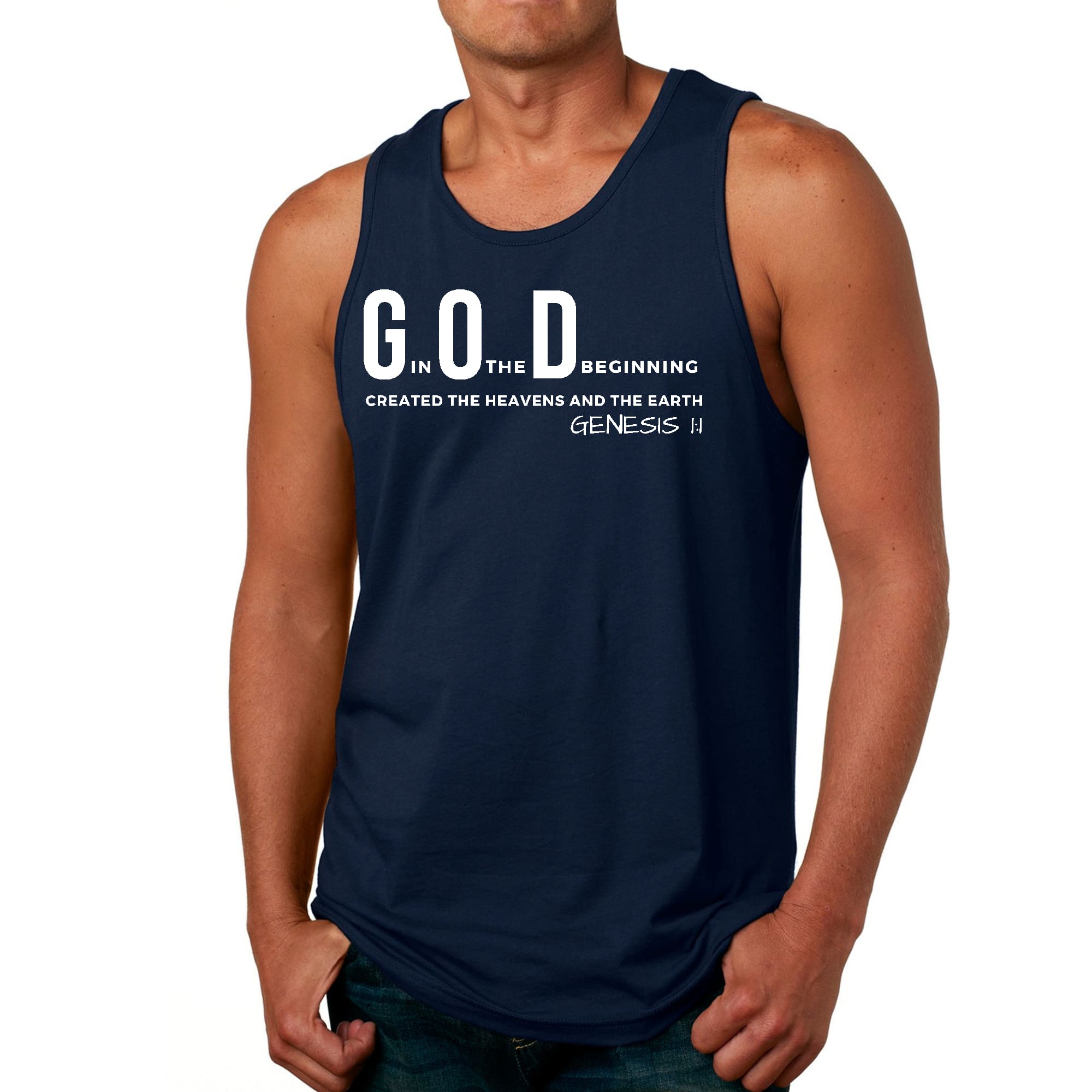 Men's fitness tank top featuring 'God in the Beginning' graphic print, made from soft preshrunk cotton for comfort and durability.