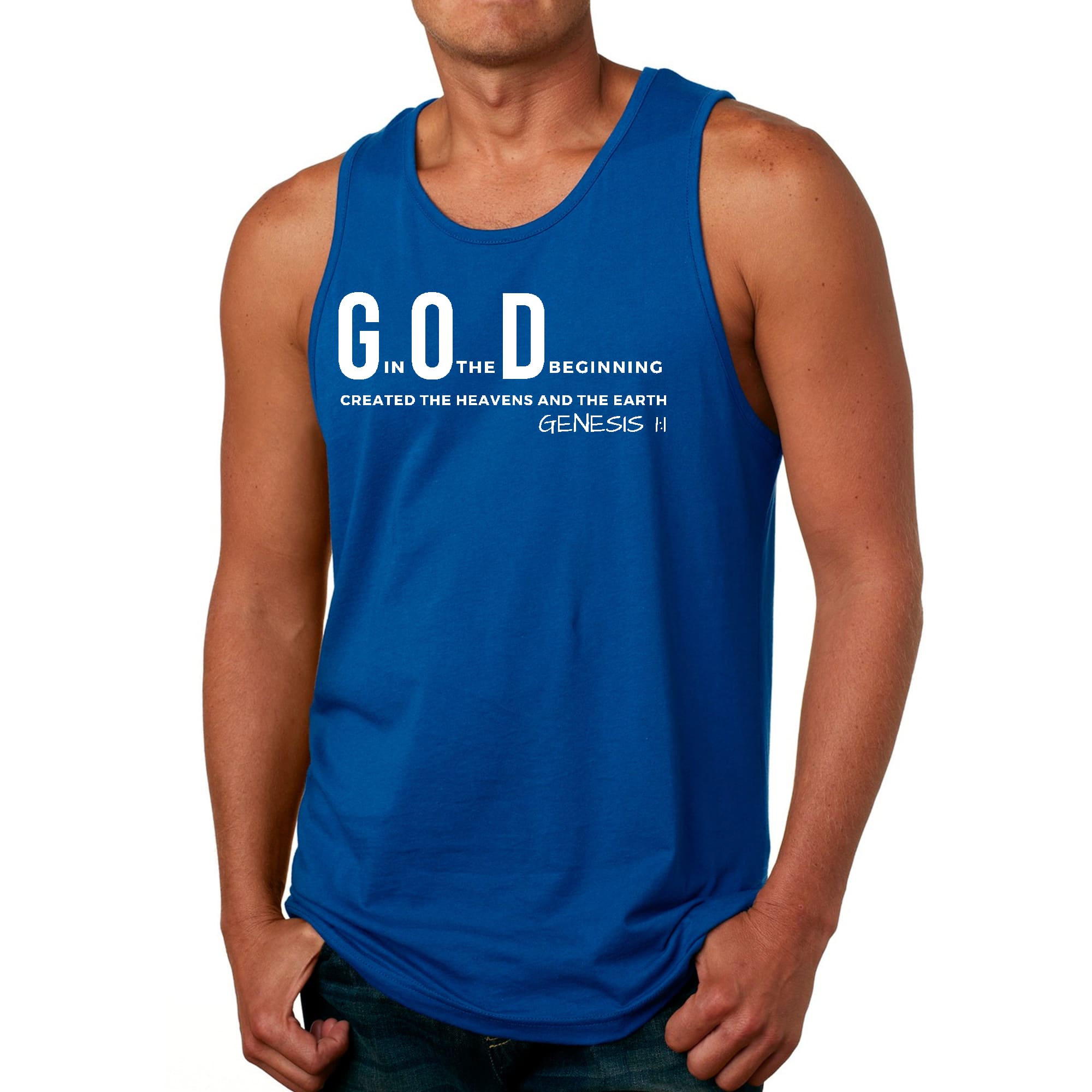 Men's fitness tank top featuring 'God in the Beginning' graphic print, made from soft preshrunk cotton for comfort and durability.