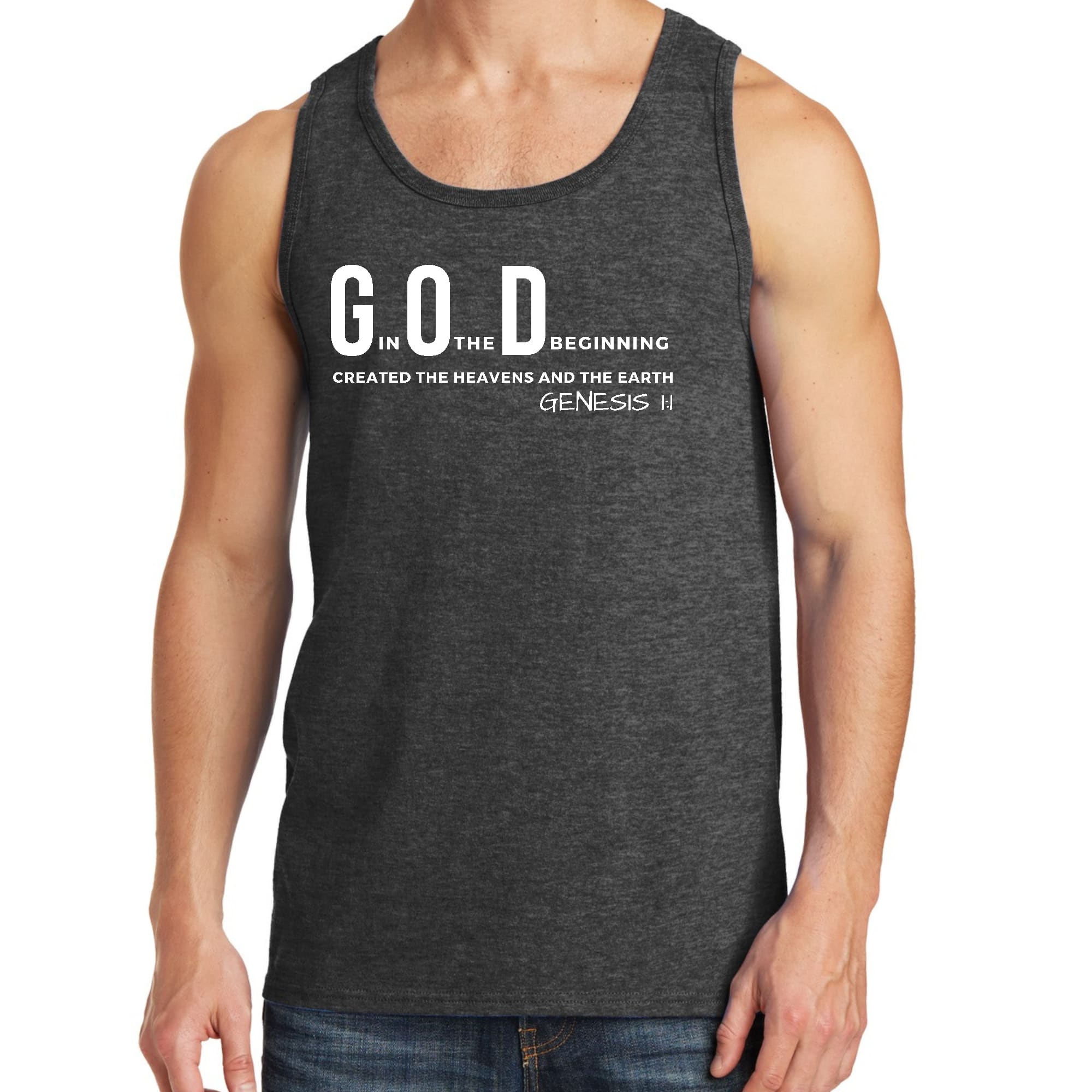 Men's fitness tank top featuring 'God in the Beginning' graphic print, made from soft preshrunk cotton for comfort and durability.