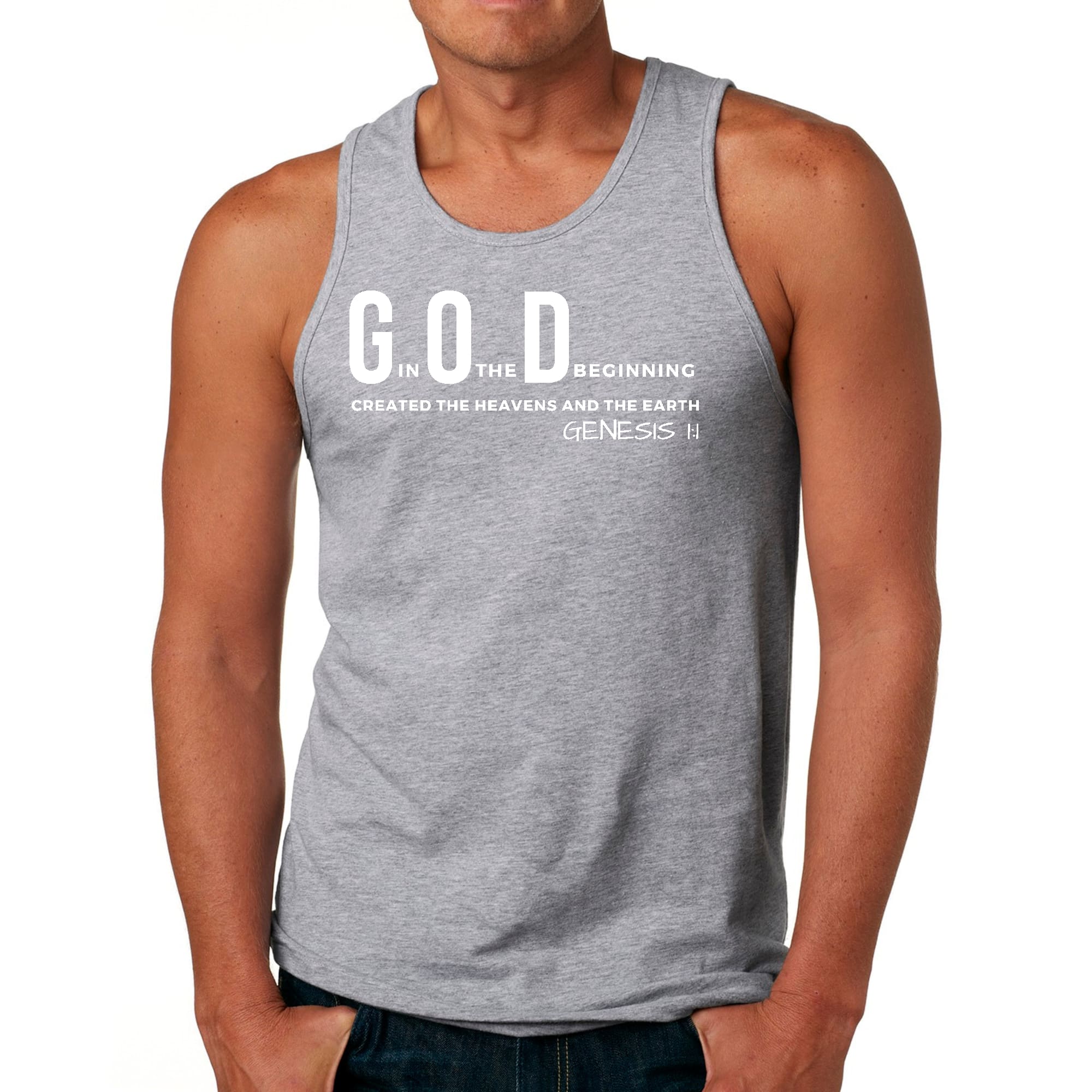 Men's fitness tank top featuring 'God in the Beginning' graphic print, made from soft preshrunk cotton for comfort and durability.