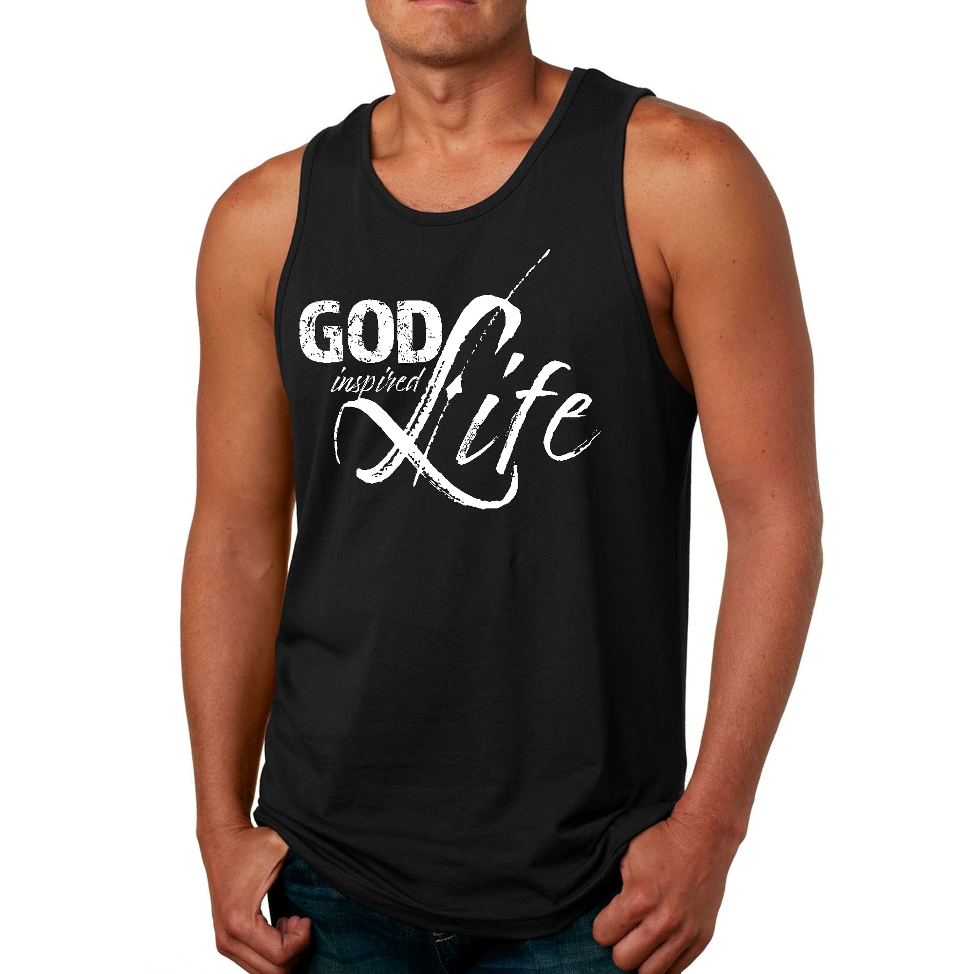 Men's Fitness Tank Top Graphic T-shirt featuring 'God Inspired Life' design, made from soft preshrunk cotton for comfort during workouts.