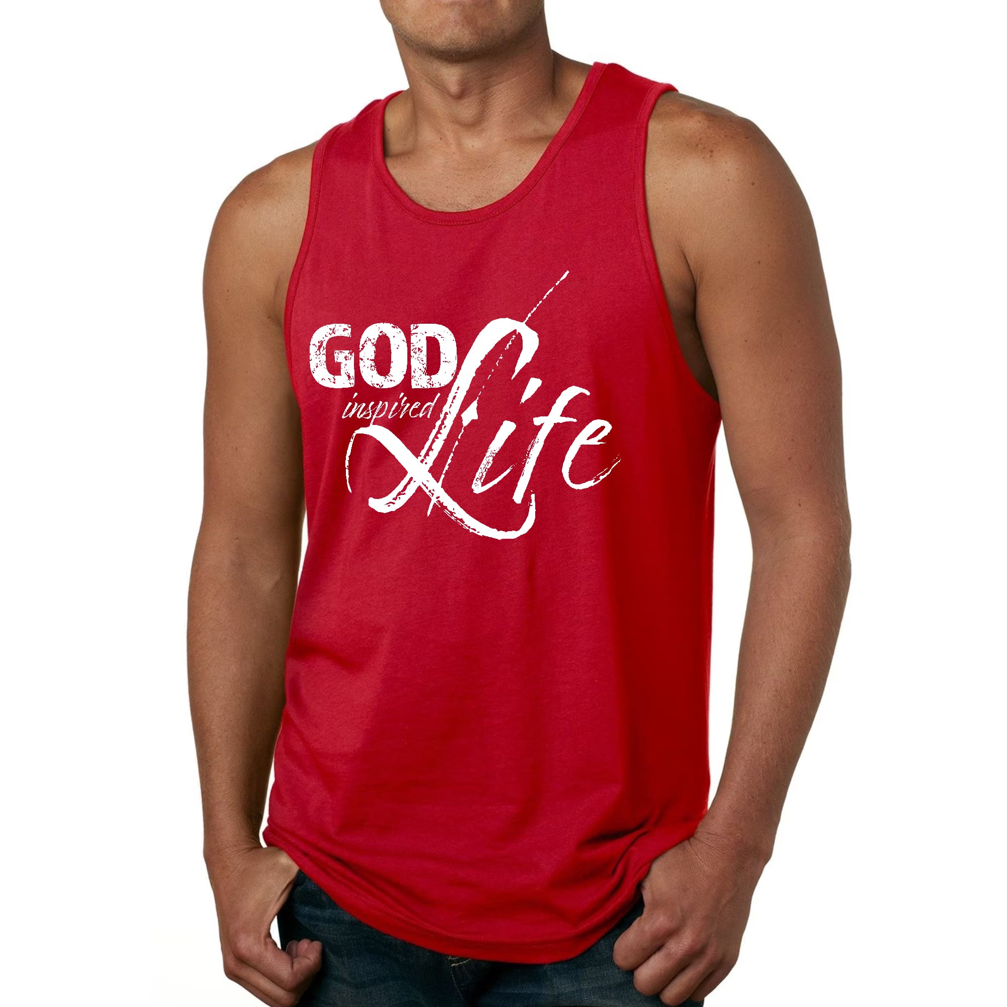 Men's Fitness Tank Top Graphic T-shirt featuring 'God Inspired Life' design, made from soft preshrunk cotton for comfort during workouts.