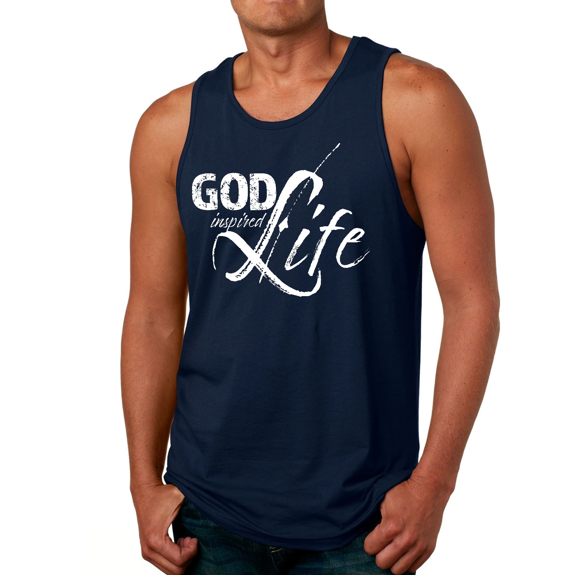 Men's Fitness Tank Top Graphic T-shirt featuring 'God Inspired Life' design, made from soft preshrunk cotton for comfort during workouts.