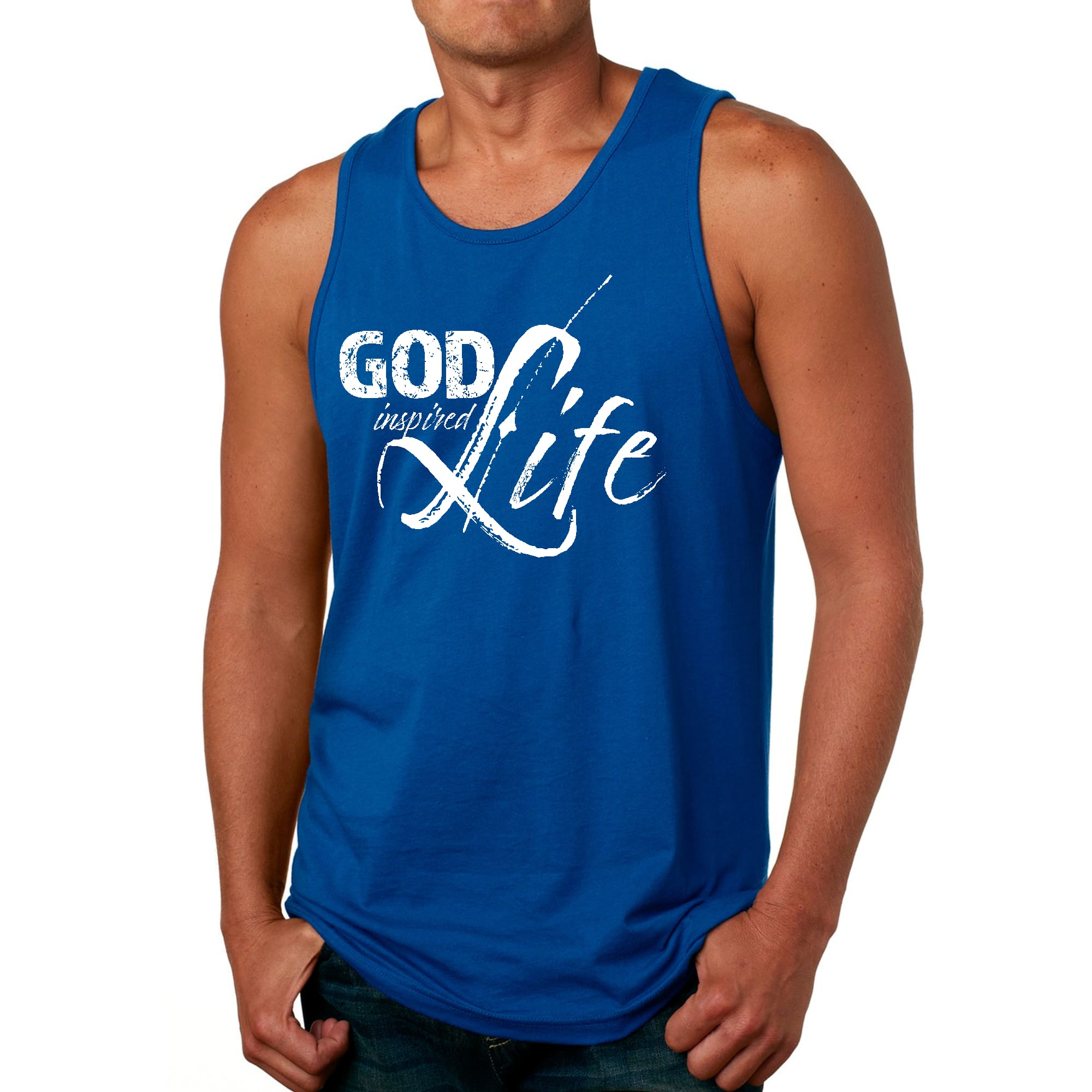 Men's Fitness Tank Top Graphic T-shirt featuring 'God Inspired Life' design, made from soft preshrunk cotton for comfort during workouts.