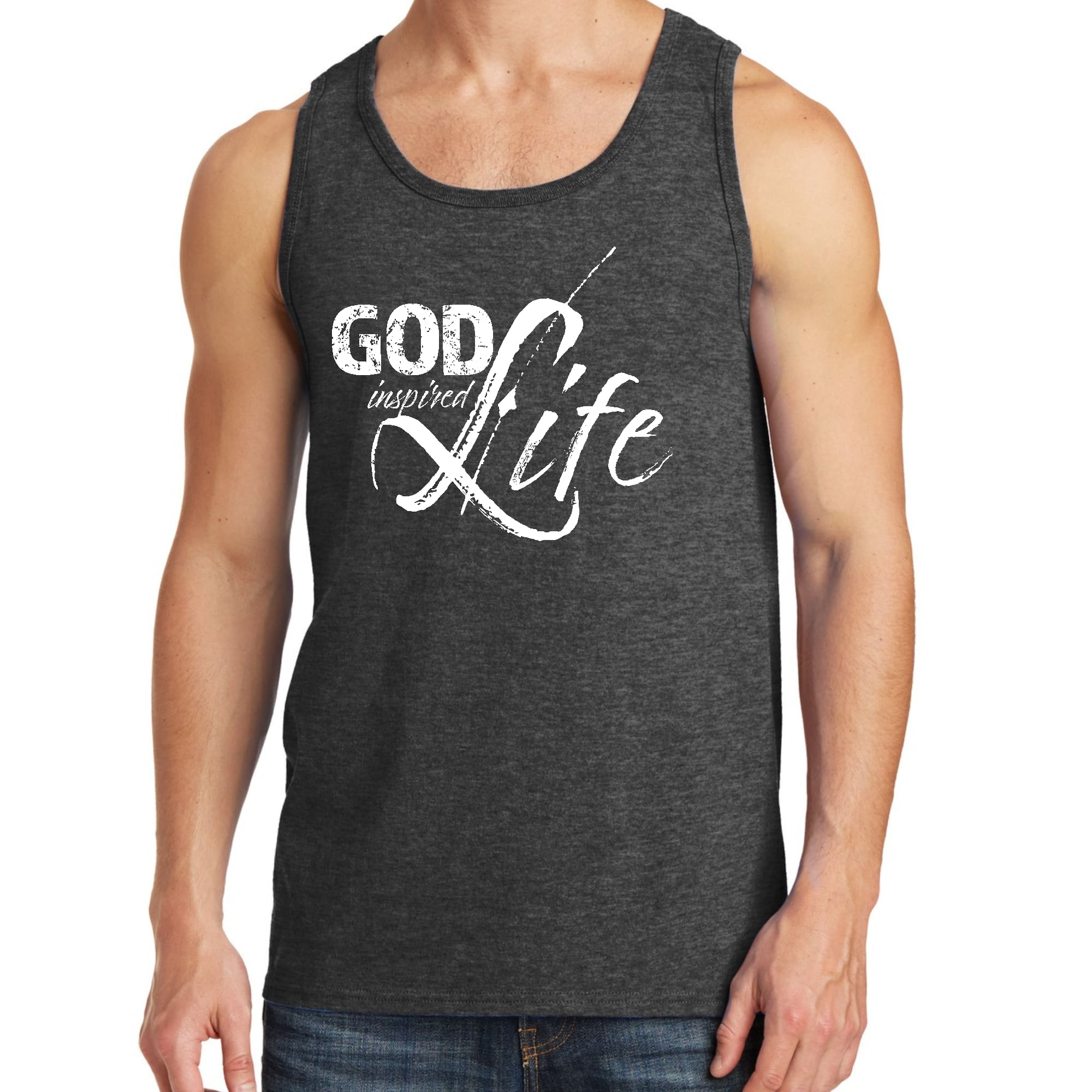 Men's Fitness Tank Top Graphic T-shirt featuring 'God Inspired Life' design, made from soft preshrunk cotton for comfort during workouts.