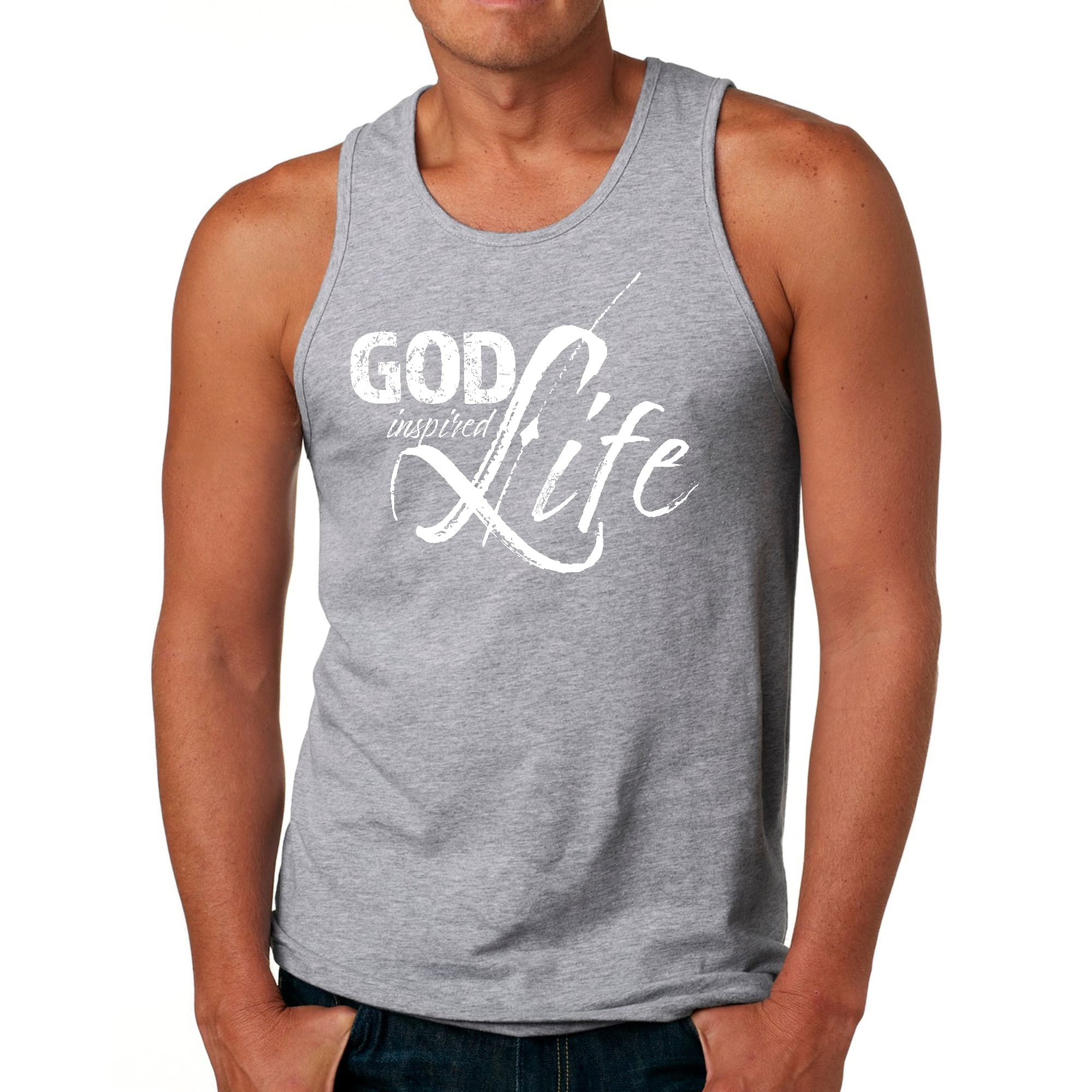 Men's Fitness Tank Top Graphic T-shirt featuring 'God Inspired Life' design, made from soft preshrunk cotton for comfort during workouts.